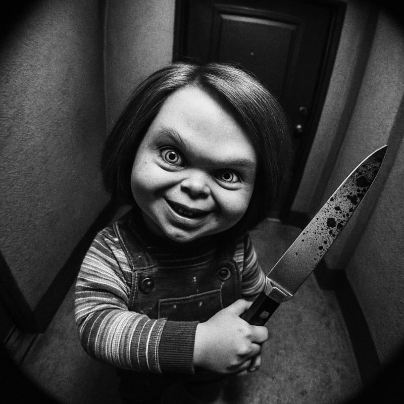 Overhead surveillance camera view, fisheye lens. This image of Chucky stands at