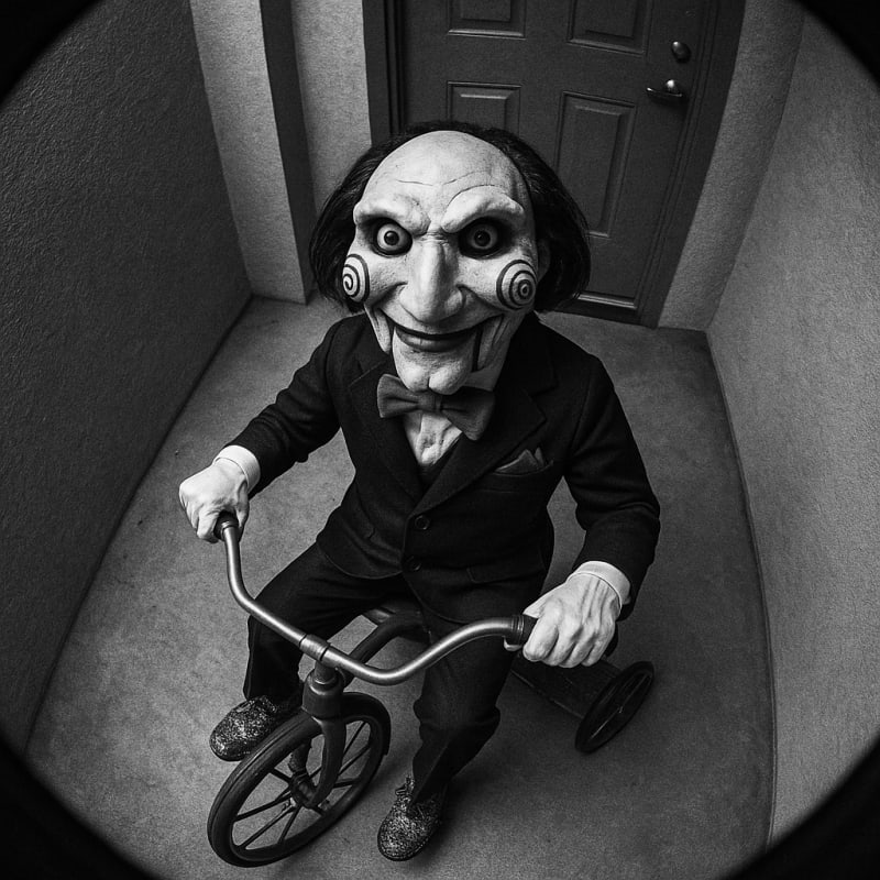 Overhead surveillance camera view, fisheye lens. This image of Billy the puppet