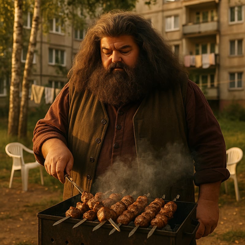 Ultra-realistic cinematic photo of Hagrid from Harry Potter barbecuing shashlik