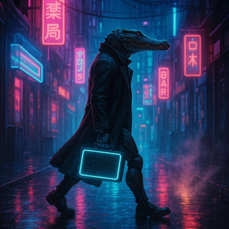 A full-body side view of a crocodile-headed humanoid cyborg walking from left to