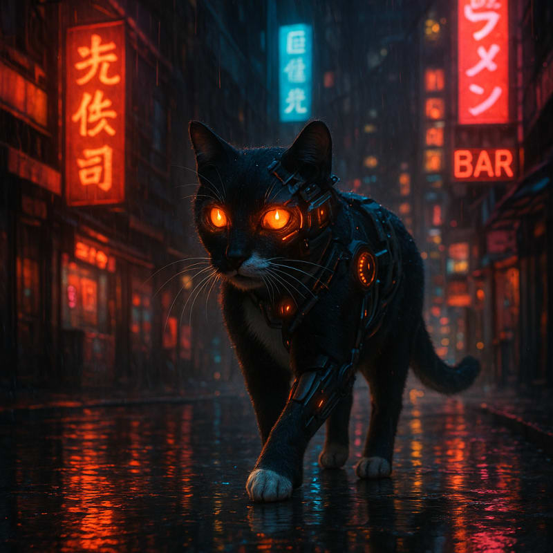 Create a photo-realistic image of a tuxedo cat walking through a futuristic cybe