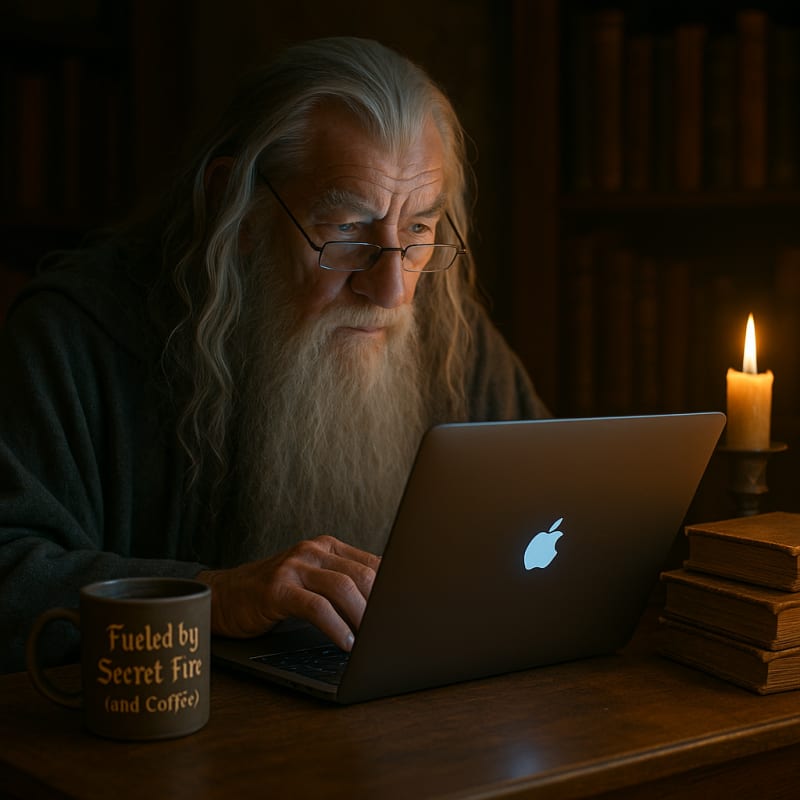 Photo of Gandalf checking his emails on his MacBook Pro, he looks at the screen