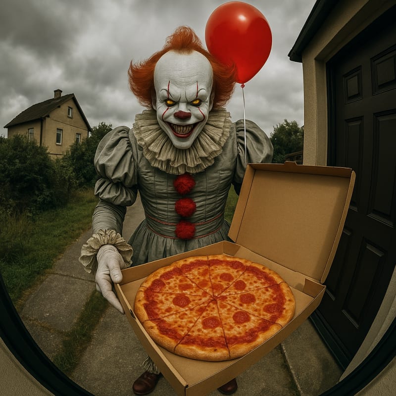 Pennywise the Dancing Clown, standing in front of a door camera, holding a pizza