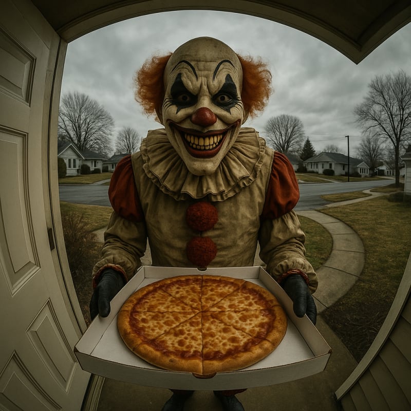 Scream, standing in front of a door camera, holding a pizza box with a creepy gr