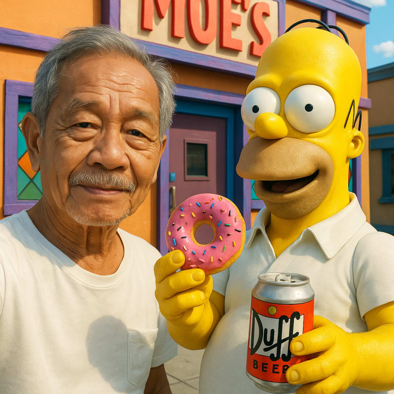 Filipino old man on street selfie with realistic Homer Simpson holding donut and