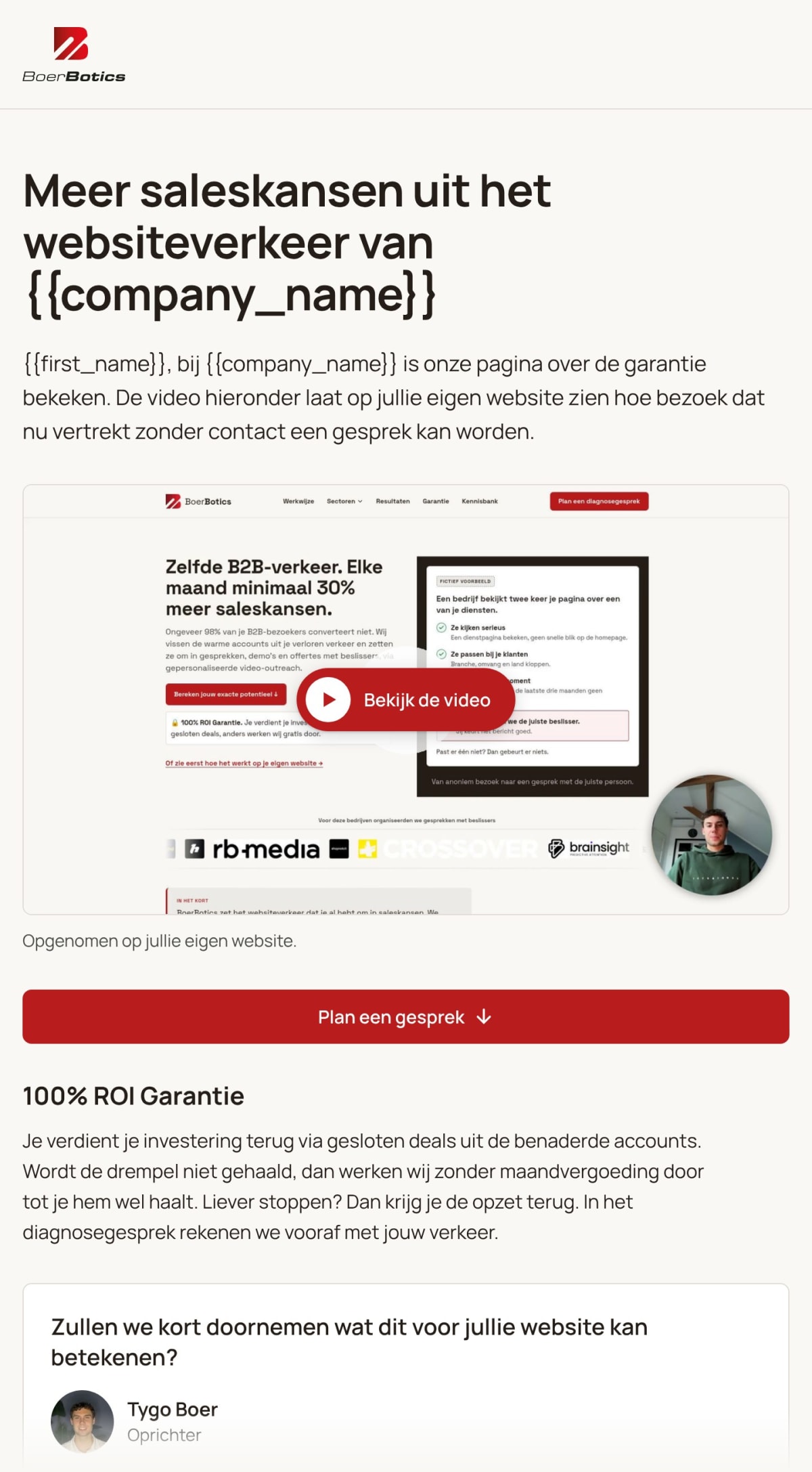 Voorbeeld van een persoonlijke pagina in de echte opmaak: een video over de eigen website van de ontvanger, een garantieblok en de agenda. De variabelen voor voornaam en bedrijfsnaam worden per ontvanger ingevuld.
