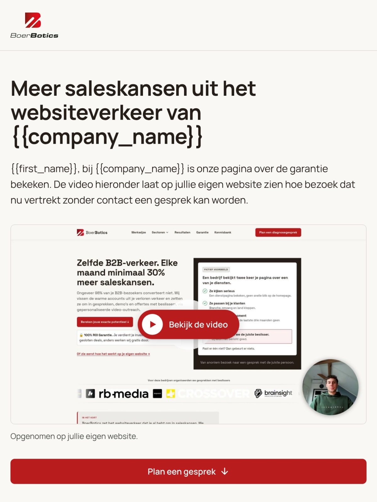 Voorbeeld van een persoonlijke pagina in de echte opmaak: een kop, een korte intro, een video over de eigen website van de ontvanger en een knop om een gesprek te plannen. De variabelen voor voornaam en bedrijfsnaam worden per ontvanger ingevuld.
