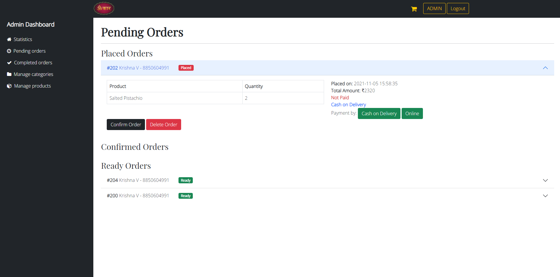 admin manage pending orders