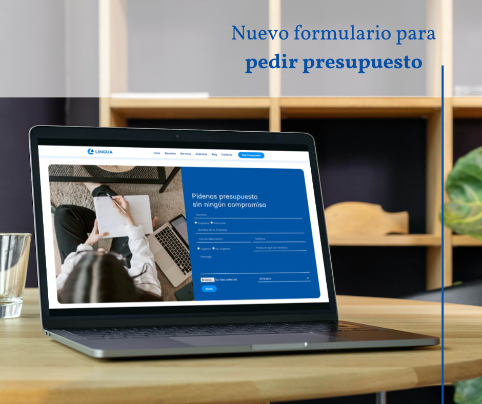 Nuevo formulario para pedir presupuesto Ordenador mostrando la página de pedir presupuesto. Arriba el título "Nuevo formulario para pedir presupuesto".