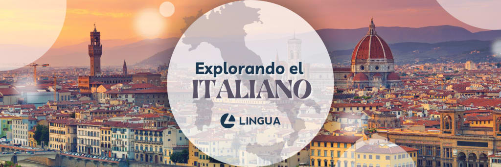 Imagen destacada del blog con el título “Explorando el italiano” destacado en una círculo en el centro. Detrás, la silueta del mapa de Italia. Al fondo una foto de una ciudad italiana al anochecer. Centrado en la parte inferior, el logo de Lingua Int.