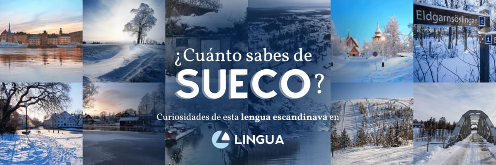 Portada del blog con el título “¿Cuánto sabes de sueco? Curiosidades de esta lengua escandinava en Lingua”. Al fondo un collage de fotos de paisajes nevados de Suecia. Centrado en la parte inferior, el logo de Lingua Int.