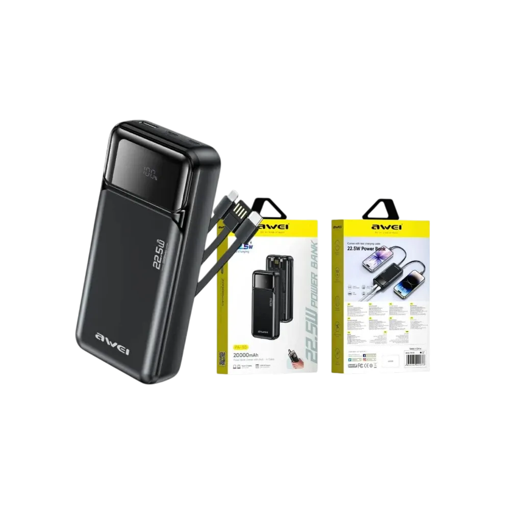 awei pa‑93 20000mah 22.5w fast charging power bank with built‑in dual cables