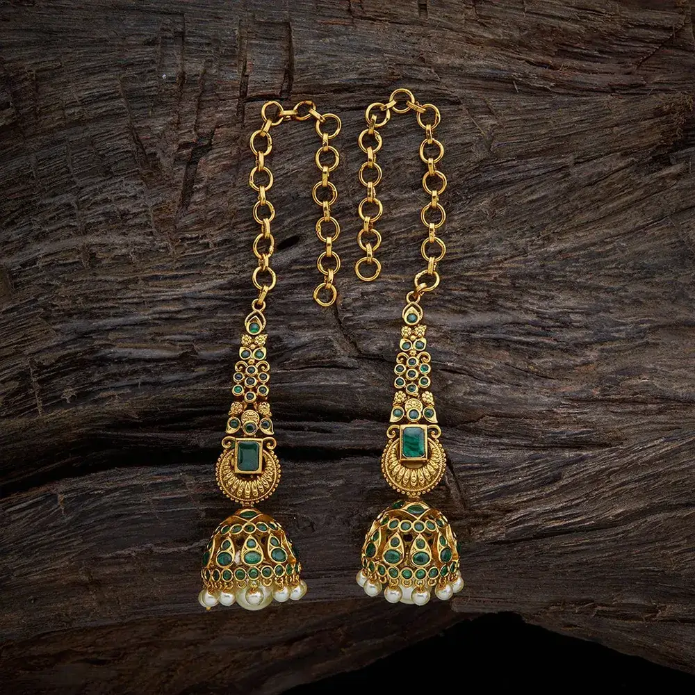 Gold Polished Jhumka Earrings | Kushal's Antique Motif & Ruby | Nepal