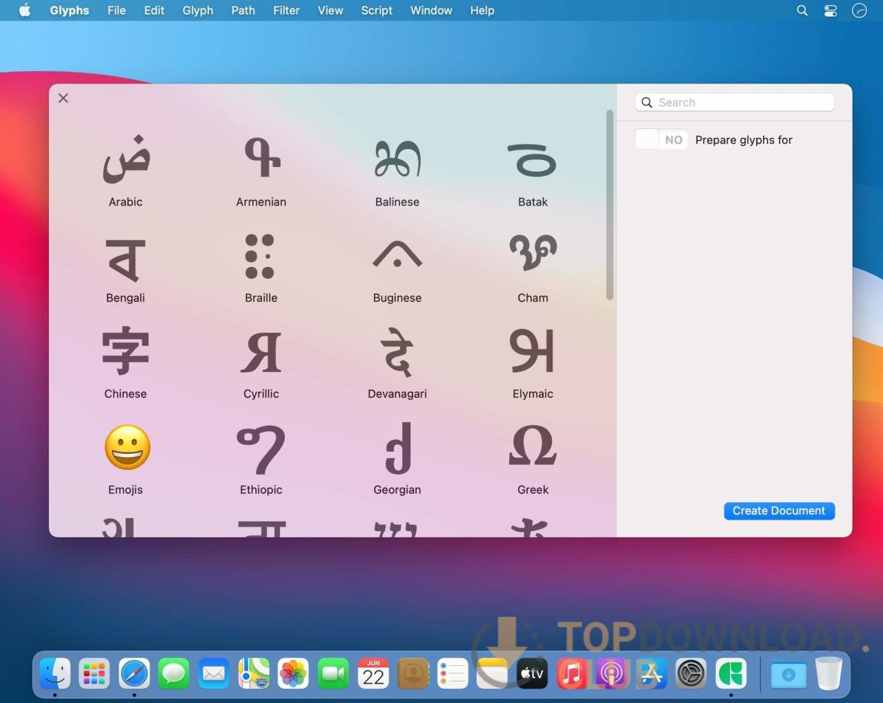 Glyphs for Mac OS X software