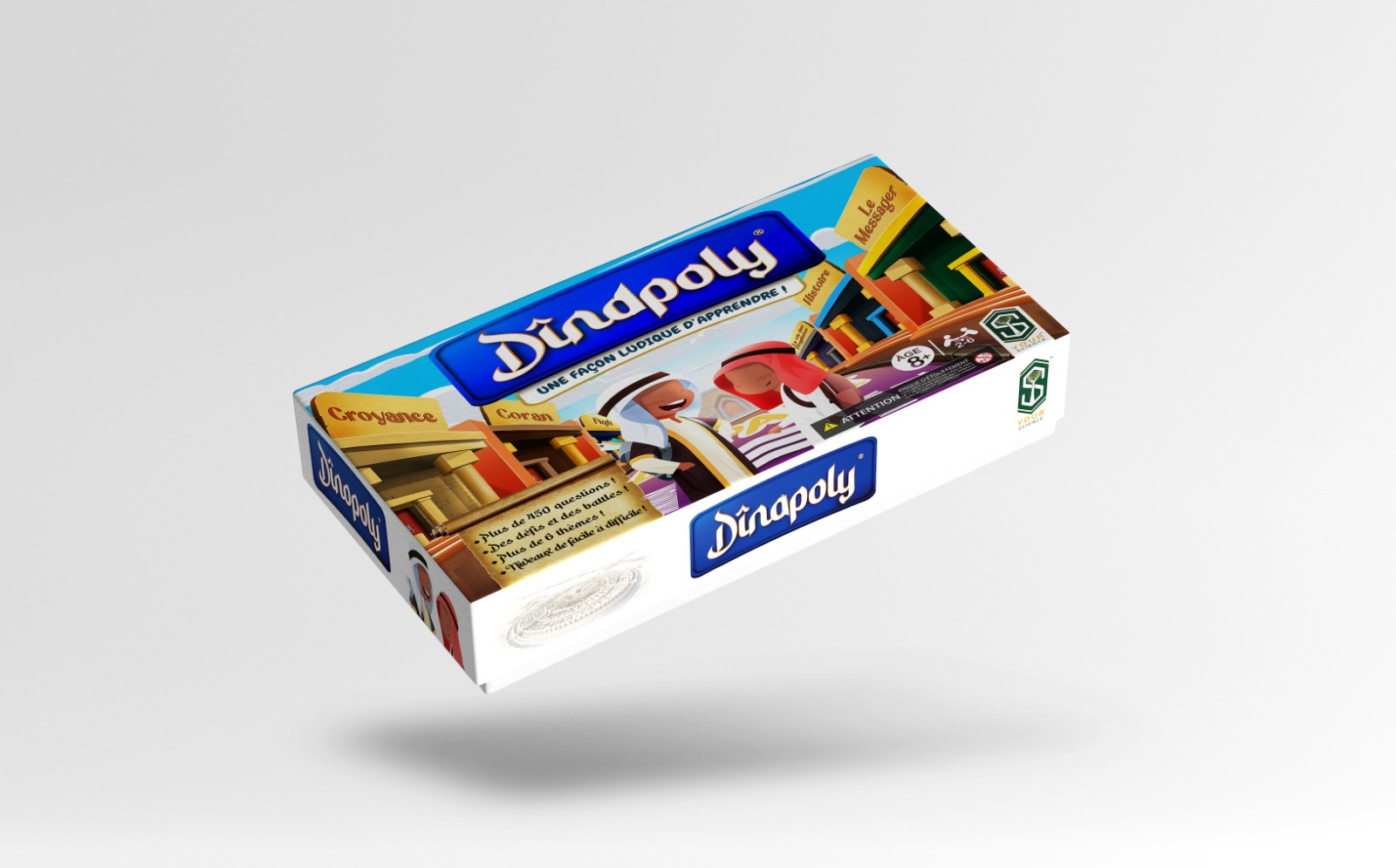 The Dinopoly board game box and components.