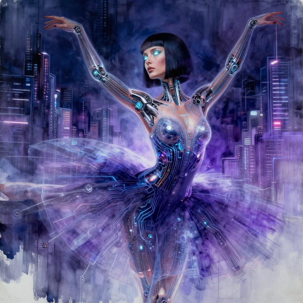 Through-the-Glass Shot of a 45-year-old Albanian woman in biomechanical cyberpunk style, her medium sleek and straight hair with blunt bangs cascades over her shoulders, eyes shaped like crescents glowing with artificial luminescence. She performs an arabesque in a high-fashion ballet gown featuring seamless integration of circuitry and bioluminescent patterns. The composition is layered through translucent glass that filters ambient light into soft gradients of deep indigo, electric violet, and metallic silver. The foreground features intricate details: her skin textured with faint mechanical grooves and embedded micro-implants glowing faintly beneath the surface. Her limbs exhibit organic motion fused with mechanical precision—joints reinforced with glowing alloy, tendons threaded through synthetic scaffolding. The background reveals a dystopian cityscape through the glass, with neon signs and towering skyscrapers dissolving into abstract light patterns. Lighting is dramatic and directional, casting sharp highlights on her cheekbones and collarbone while creating deep shadows that emphasize both human vulnerability and technological might. The artwork combines hyper-detailed brushwork with digital precision, rendered in a medium-toned paper with visible grain and subtle watercolor washes for organic depth. The overall mood is one of elegant fusion—where beauty meets machinery, flesh meets circuitry, and light pierces through the veil of dystopia.