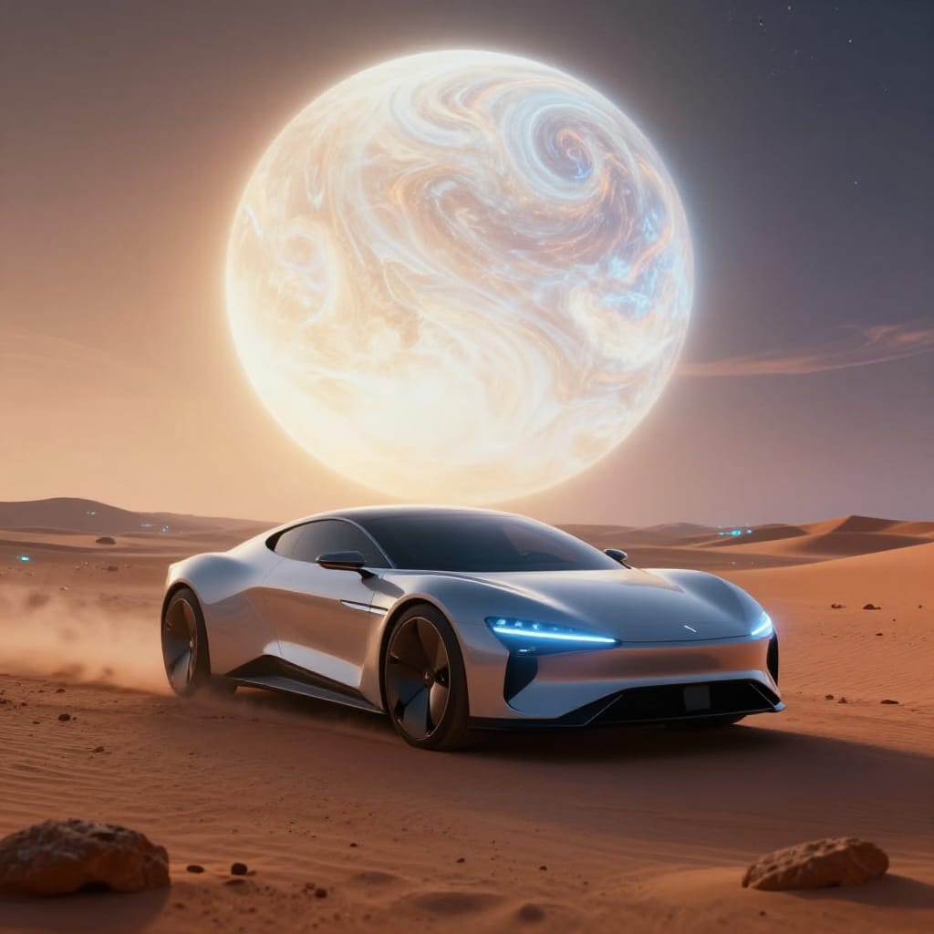 A sleek, modern futuristic car with glowing blue headlights is parked on a vast, sandy alien terrain under a massive, luminous celestial body. The scene is illuminated by a soft, warm light that emanates from the sky, casting gentle highlights on the car's polished surface and creating subtle shadows across the undulating dunes. The car features aerodynamic lines, advanced technology, and a high-gloss finish that reflects the ambient glow. The alien landscape stretches infinitely in both directions, rendered with intricate textures of fine grains, scattered rocky outcroppings, and faint bioluminescent patches that pulse faintly in the distance. The celestial body dominates the upper half of the frame, its surface swirling with dynamic light patterns that suggest planetary activity or energy currents. The composition centers the vehicle while drawing the eye upward toward the luminous sphere, creating a balanced yet dynamic visual hierarchy. The artistic style blends futuristic design with a dreamlike, otherworldly atmosphere, achieved through smooth digital rendering with precise lighting effects and rich, layered textures. The color palette combines earthy warmth of orange, yellow, and brown with cool blue and white accents from the car’s lights and the celestial body’s glow, producing a harmonious yet striking contrast that enhances the sense of wonder and adventure.