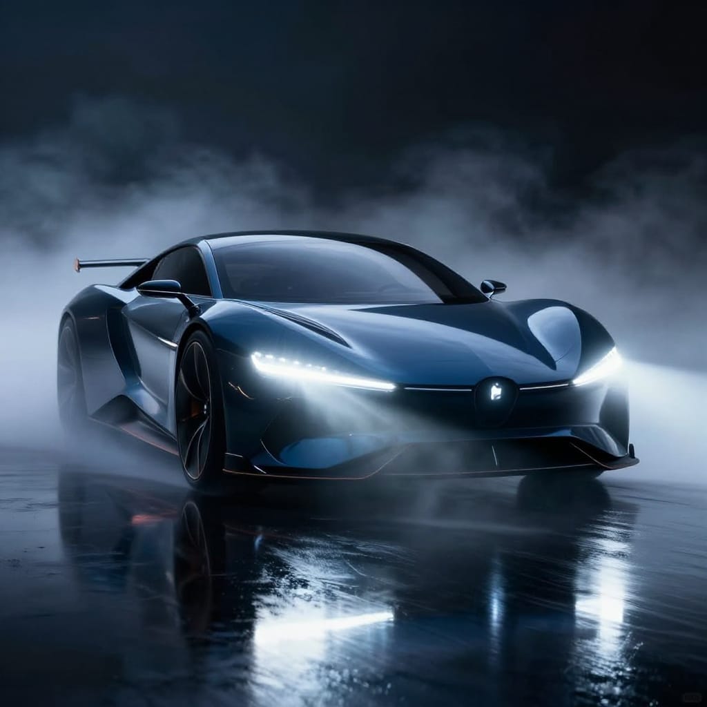 A sleek, futuristic car with glowing headlights and a reflective surface, surrounded by mist. Rendered as a digital illustration on a reflective, wet ground surface. The composition is centrally aligned, emphasizing the car’s importance through sharp focus and dynamic placement. Low-key lighting creates dramatic contrast, with the car’s headlights emitting a bright, pulsing glow that cuts through the mist and casts elongated reflections on the ground. The color palette features cool tones of deep blue, dark black, crisp white, and metallic gray, enhancing the modern, high-tech aesthetic. The brushwork is smooth and precise, avoiding texture to maintain clarity. The car’s reflective surface mirrors the surrounding mist and subtle light reflections, adding depth and movement. Notable details include the car’s aerodynamic curves, glowing LED accents along the hood and rear, and the soft, diffused glow of the headlights that pierces the atmospheric haze. The overall feeling is one of thrilling excitement, dynamic energy, and advanced technological wonder, evoking a sense of futuristic motion and anticipation.