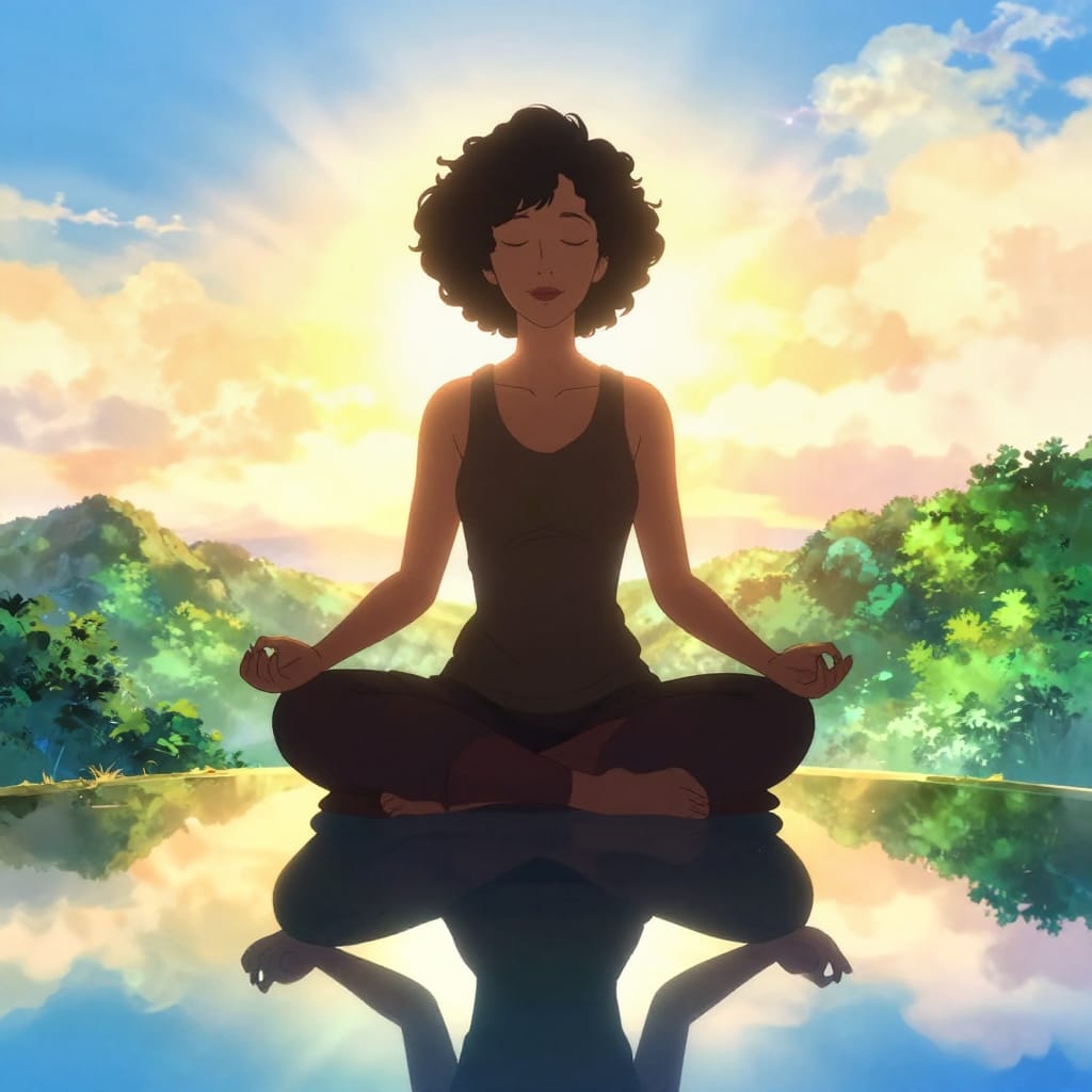 A reflection shot illustration in early-2000s anime hybrid cel/digital style, characterized by bright saturated colors and clean digital gradients. Depicts a 50-year-old Malaysian woman with loose curly Afro hair and prominent eyes meditating in lotus position on a mountaintop. The scene is viewed from a reflective surface, creating a mirrored composition where her silhouette is sharply defined against a radiant sky. The mountain backdrop features lush greenery and soft clouds under a warm, golden-hour sky. High-key lighting bathes the subject in luminous highlights while deep shadows accentuate her form. The lens appears normal with slight distortion to enhance the reflective quality, while crisp character silhouettes and smooth gradients blend traditional hand-drawn animation with digital precision. The overall atmosphere is serene and meditative, evoking calmness, spiritual focus, and a timeless connection to nature.