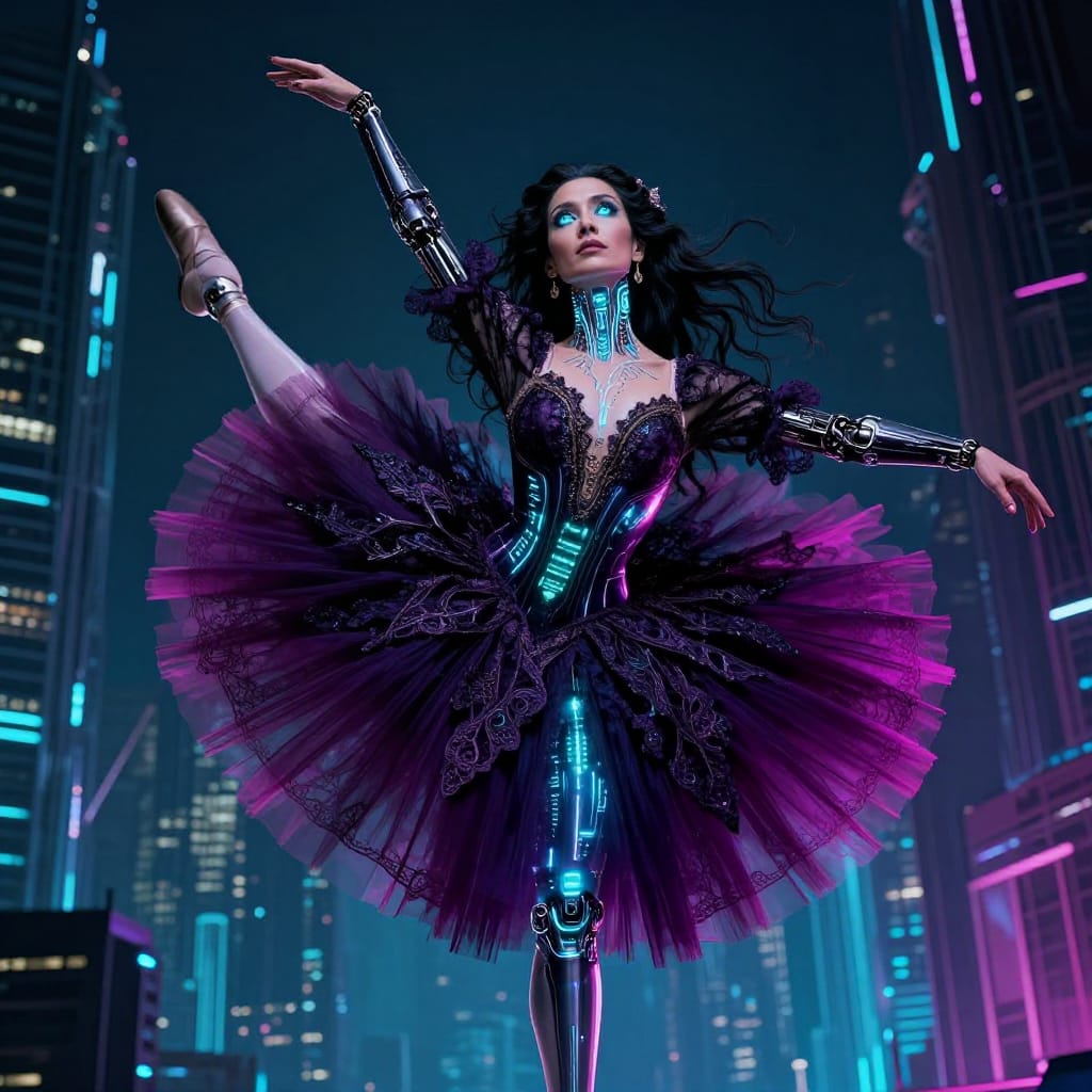 High Angle Biomechanical Cyberpunk Image: A 45-year-old Afghan woman with Long Victorian Curls stands in a ballet-inspired pose, one leg lifted gracefully behind her in an arabesque. Her face features wide, luminous eyes that capture both elegance and intensity. Her body is draped in a detailed ballet outfit—flowing tulle, metallic accents, and delicate lace—with cybernetic enhancements: glowing neural implants beneath her skin, mechanical joints at her wrists and ankles, and a subtle circuit pattern across her collarbone. The composition is captured from a high angle, emphasizing her poised form against a dystopian urban backdrop of towering steel skyscrapers and neon-lit facades. Lighting is dramatic and directional, with a cold blue-green glow emanating from embedded bioluminescent panels in her spine and eyes, casting sharp shadows that highlight the intricate textures of her skin, fabric, and machinery. The color palette is dark—deep purples, obsidian blacks, and metallic silvers—accented by vibrant neon accents in magenta and cyan. The overall atmosphere is dark, futuristic, and emotionally charged, blending the grace of traditional dance with the cold precision of advanced technology. High detail is achieved through intricate linework, hyper-realistic textures, and a seamless fusion of organic and synthetic elements.