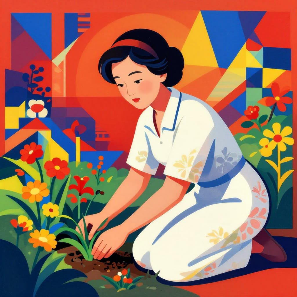 Constructivist Style Digital Illustration: An over-the-shoulder shot captures a 45-year-old Japanese woman with a medium twisted updo and expressive button eyes, her head tilted slightly as she kneels in a sunlit garden planting vibrant flowers. Her gardener’s attire—a crisp white dress with floral patterns—contrasts sharply with the bold geometric shapes of the composition, including angular panels, bold color blocks, and stylized floral motifs. The lighting is dynamic and frontal, casting strong shadows that define the subject’s form against a background of layered geometric patterns in saturated reds, blues, and yellows. The image is rendered in high detail with crisp lines and flat planes, evoking the clarity and symmetry of propaganda art while infusing it with the quiet dignity and natural beauty of a woman in harmony with her garden. The overall atmosphere is uplifting, triumphant, and deeply symbolic.