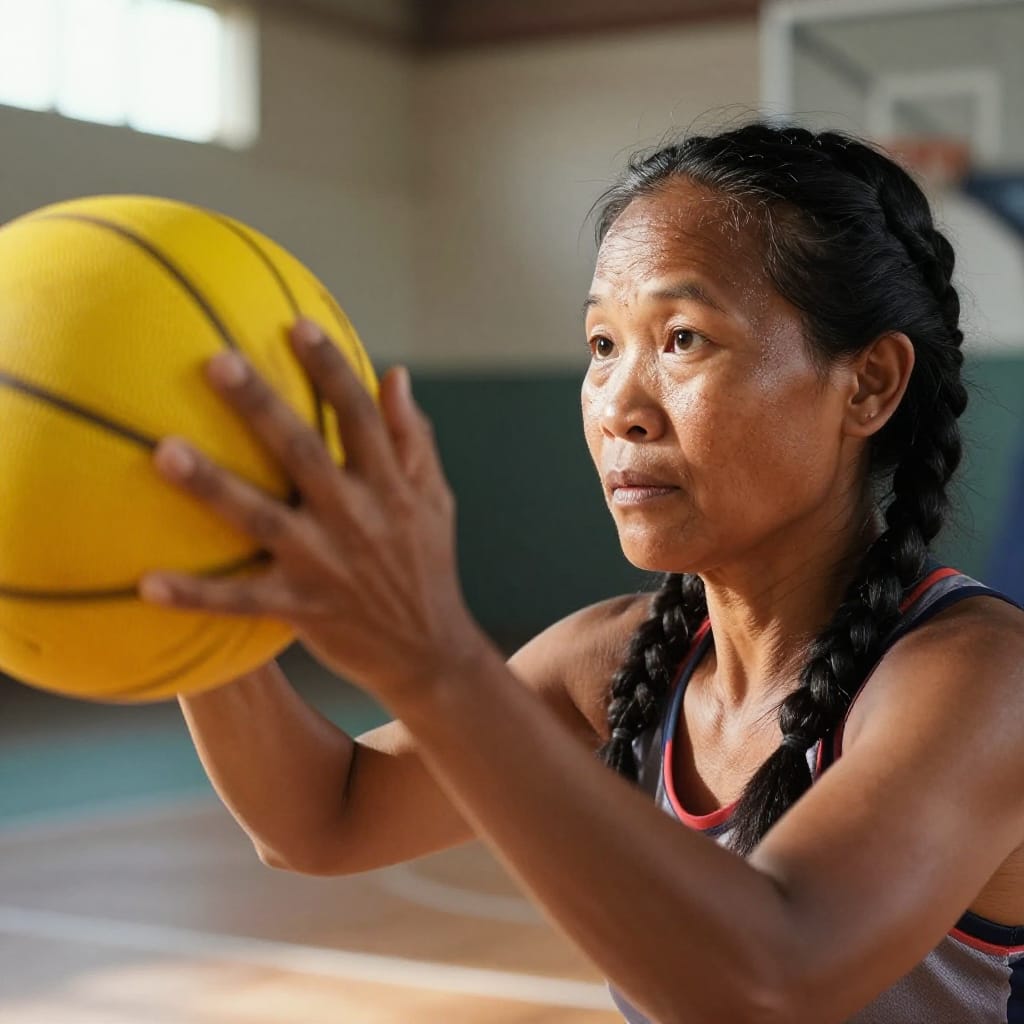 An eye-level photograph of a 50-year-old Laotian woman with medium Dutch crown braid and wide eyes, mid-action during a basketball layup. The subject is captured in dynamic motion, her fingertips pressing against the basketball to complete the shot. The lens is a slightly wide-angle normal lens, creating natural perspective with minimal distortion. Soft, bright natural light from a high window illuminates the scene, casting subtle shadows that define her face and hair. The atmosphere is vibrant and energetic, with visible sweat glistening on her brow and the fine texture of her braided hair catching the light. The basketball, a bright yellow leather ball, reflects the sunlight, contrasting sharply with her dark skin and braided hair. The foreground features her outstretched hand and the ball in sharp focus, while the midground includes her focused expression and the background reveals a basketball court with visible lines and a distant basket. The color palette is warm and rich, with earthy tones of brown and bronze on her skin, deep black in her hair, and radiant yellow on the ball. The overall feeling is one of focused athleticism and triumph, capturing a moment of skill and grace.