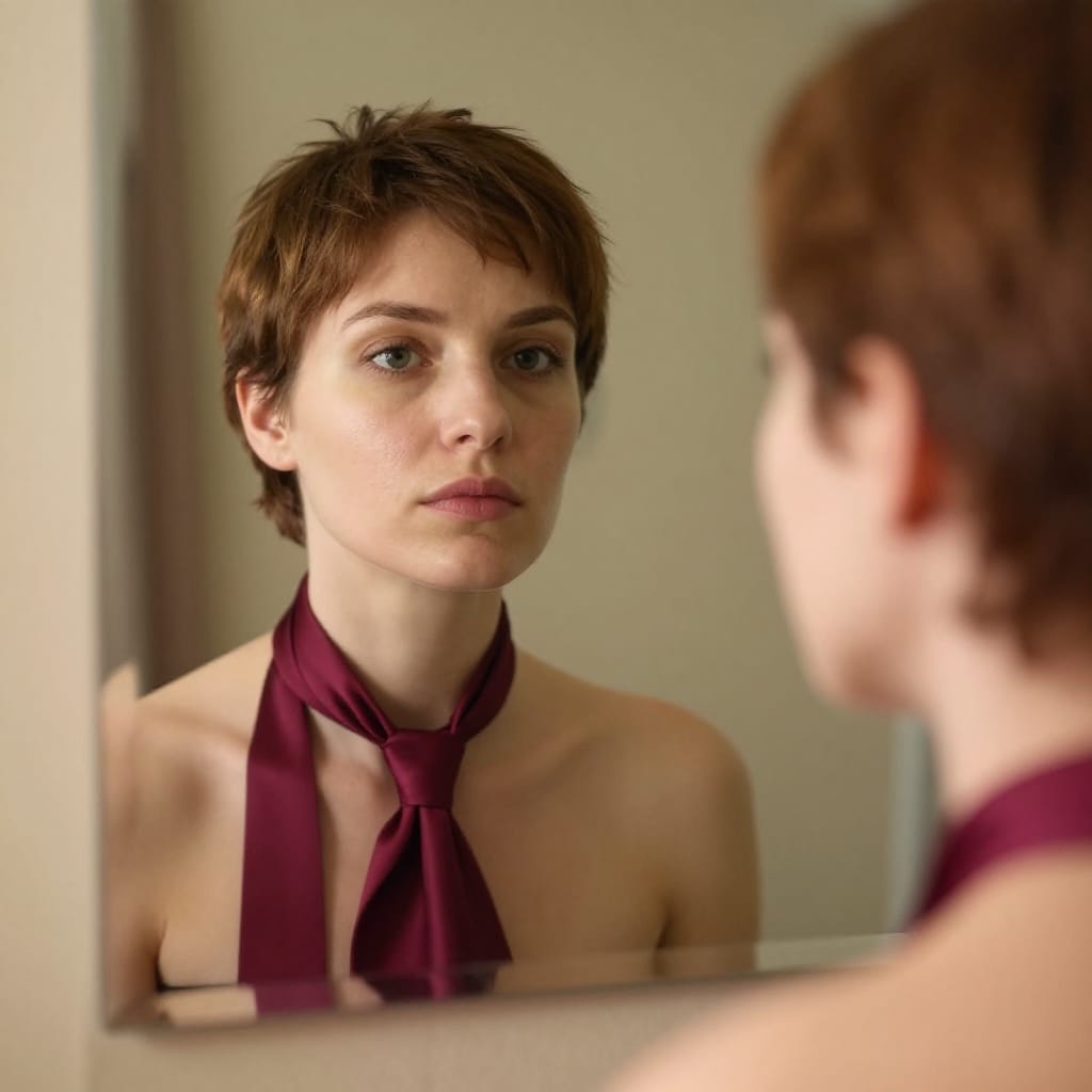 A counter profile shot photograph of a 25-year-old Moldovan woman with short, textured chestnut hair and close-set eyes, captured from behind as she looks into a polished mirror. The camera is positioned at eye level, creating a direct line of sight that emphasizes her facial symmetry and expression. Soft, even lighting from the front illuminates her face with gentle highlights on her cheekbones and jawline, while the mirror reflects her image with a subtle sheen that adds depth. A rich red or deep purple silk necktie is neatly tied around her neck, its fabric catching the light to create a warm, vibrant contrast against her skin. The lens is a normal focal length, capturing her face in sharp focus while the mirror's reflection slightly softens the background into a gentle blur. The scene is set in a warm, well-lit interior with neutral tones that enhance her natural features. The overall atmosphere is intimate, focused, and quietly contemplative, evoking a sense of self-awareness and quiet confidence.