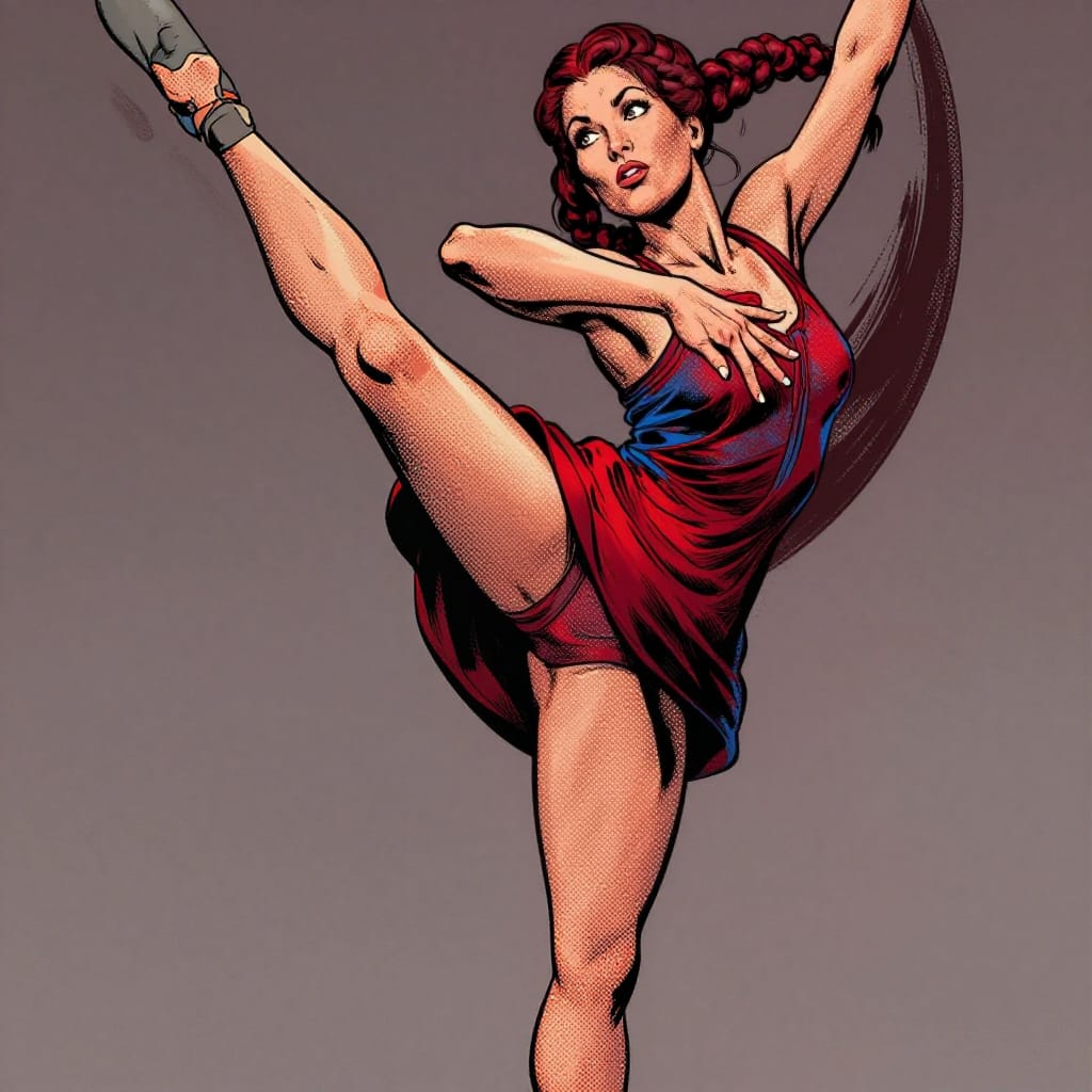 An extreme close-up Western comic-book illustration featuring a 45-year-old Cypriot woman with vibrant cornrows and narrow, expressive eyes, posed in a dynamic ballet arabesque standing on one leg. Bold graphic outlines define her form, with halftone shading creating textured depth across her skin, hair, and fabric. Vivid flat colors dominate—warm peach tones for her skin, deep mahogany for her hair, and a striking red or blue uniform—contrasted against a muted, flat background to emphasize the subject. The composition is heroic and dynamic, with a strong diagonal line from her outstretched leg to her raised arm, creating movement and tension. Harsh, directional lighting casts dramatic highlights and deep shadows, enhancing sculptural form and emotional intensity. The overall feeling is one of graceful strength, capturing the fusion of Western elegance and comic-book drama in a vivid, graphic style.