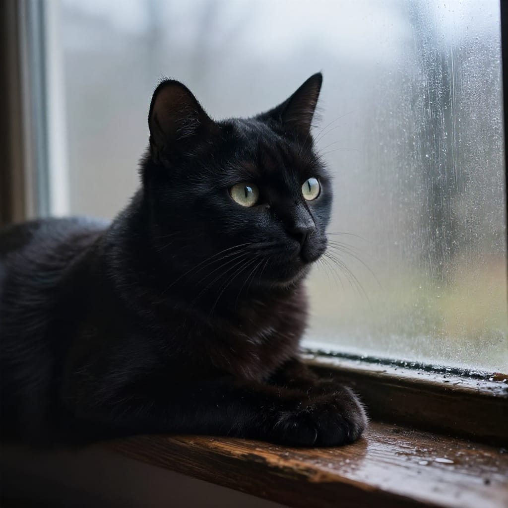 A close-up portrait of a black cat perched on a weathered wooden windowsill, gazing out at the rain outside. The camera position is slightly above and to the side of the cat, capturing its relaxed posture with one front paw resting on the sill. The window is fogged with moisture from the downpour, creating a soft, diffused glow that illuminates the cat's sleek black fur and highlights the texture of its ears and nose. The cat’s wide, reflective eyes meet the viewer’s gaze with quiet curiosity, its tail curled loosely. The wooden windowsill is darkened by age and water stains, its grain visible under the light. Beyond the fogged pane, a blurred forest of trees silhouettes against an overcast sky, suggesting a calm, rainy day. The atmosphere is serene and contemplative, enhanced by the soft focus of the rain and the gentle mist on the glass. The standard lens captures the scene with natural depth and subtle bokeh in the background, emphasizing the cat as the central subject. The color palette is neutral and earthy, dominated by black and muted grays, with the faintest hint of blue from the sky. The overall feeling is one of quiet intimacy and peaceful observation.