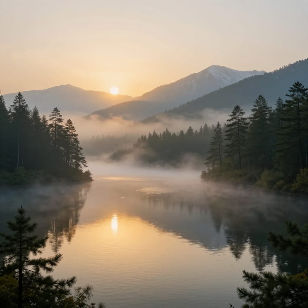 A mountain lake at sunrise, captured from a high-angle perspective with a wide-angle lens that emphasizes the vastness of the scene. The sun rises low on the horizon, casting a warm golden glow across the mist-laden surface of the lake, which reflects the soft light and distant peaks in shimmering waves. Thick morning mist drifts across the water, creating a hazy veil that softens the edges of the pine trees lining the shore, which stand tall and slender against the sky. The foreground features the misty lake with its reflective surface, while the midground is dominated by the misty expanse of forest and rolling mountains. The background consists of distant snow-capped peaks bathed in golden light, their silhouettes softened by atmospheric haze. The color palette is dominated by warm golds, soft greens, and cool blues, with the mist adding a creamy gray undertone. The lighting creates long, gentle shadows on the water and casts a luminous glow on the pine needles. The overall mood is serene, peaceful, and contemplative, evoking a sense of quiet beauty in nature’s quiet awakening.
