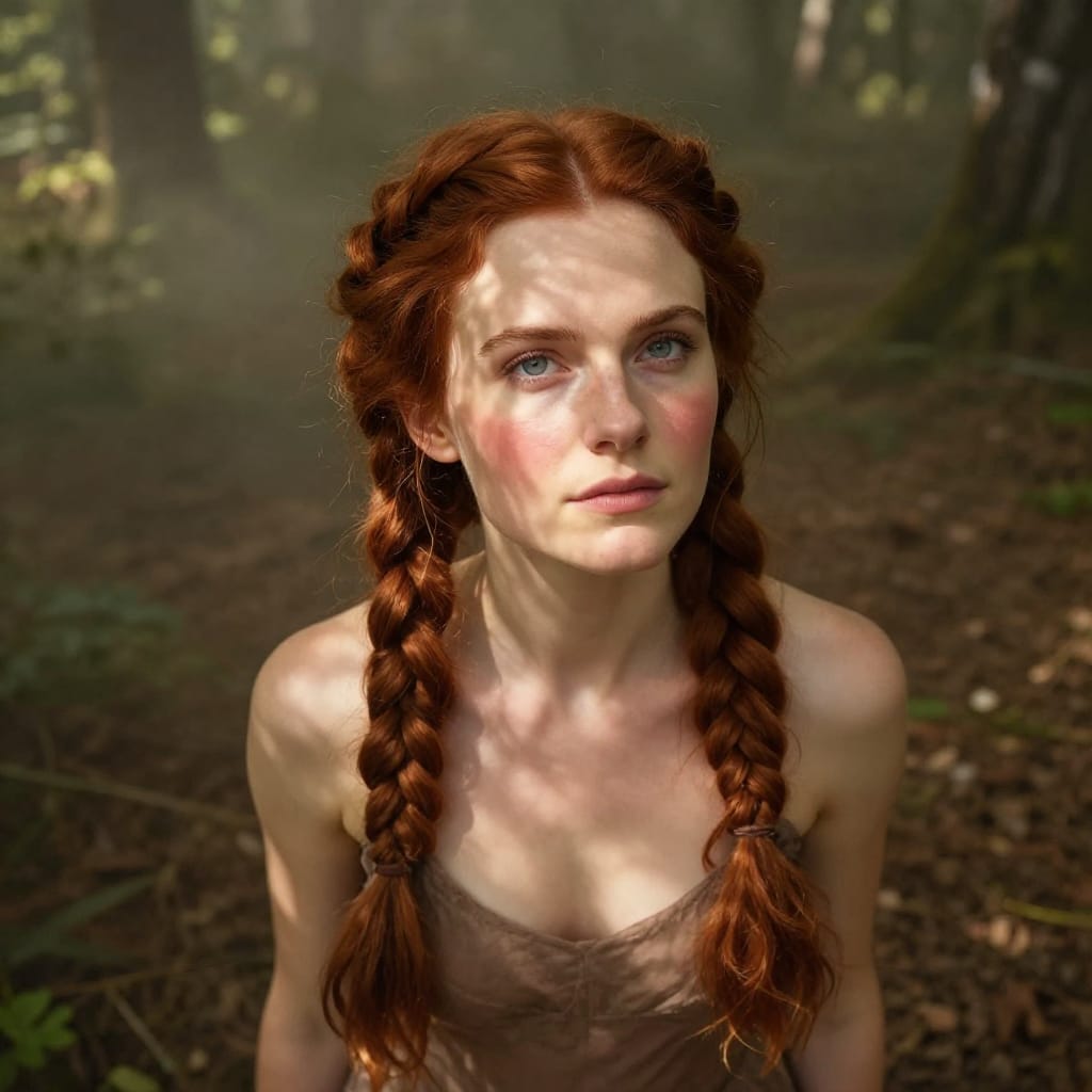 A high-angle photograph captures a 30-year-old Caucasian American woman standing in a sun-dappled forest clearing, her long chestnut Bohemian braids cascading down her back like flowing silk. Her face is framed by soft, natural light that highlights her flat low cheekbones, curved jawline, and prominent Roman nose, with gentle curves defining her lips. Monolid eyes, wide and expressive, gaze directly forward beneath delicate lashes, framed by a subtle blush on her cheeks. The camera position, elevated from a low angle, emphasizes her graceful posture and draws the viewer into a serene, intimate composition. Soft, warm sunlight filters through the trees, casting dappled patterns across her skin and hair, while a gentle mist lingers in the air, adding depth and atmosphere. The background dissolves into blurred foliage, enhancing focus on her features. A wide-angle lens captures subtle distortion at the edges, preserving natural proportions and creating a sense of expansive tranquility. The color scheme is warm and earthy, with rich chestnut tones accented by golden light, evoking a feeling of quiet elegance, natural beauty, and peaceful introspection.