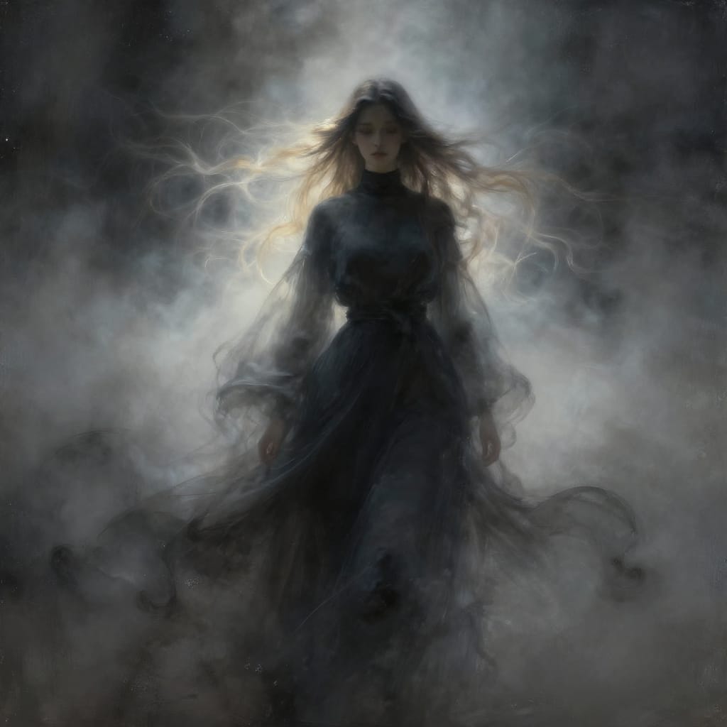 A woman with flowing, luminous hair stands at the center of an ethereal painting on canvas. Her dark, high-necked garment flows gently around her form, rendered in soft brushstrokes that suggest movement and depth. The composition is dominated by her figure, with her long hair cascading like mist into the air, creating a sense of flowing energy and mystery. Subtle, diffused lighting bathes her in a gentle glow, enhancing the dreamlike quality of her presence. The background is softly blurred into a hazy, luminous field of muted grays and deep blacks, punctuated by faint glimmers that suggest distant stars or light filtering through fog. The impressionistic style employs fluid, blended brushwork to convey movement and atmosphere, with delicate washes of color that merge into one another. Her face is partially obscured by shadow, adding to the enigmatic aura around her. The overall feeling is mystical, serene, and contemplative—a moment suspended between memory and vision.