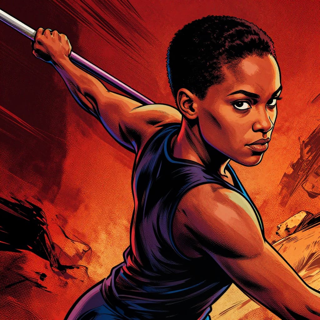 Profile Shot of a 25-year-old Jamaican woman in a Western comic-book illustration style, rendered with bold outlines and graphic dramatic shading. She has short crew cut hair and prominent monolid eyes, her face lit with determination. Her arm extends dynamically behind her, throwing a javelin with intense motion, captured mid-action in a dynamic heroic composition. The scene is set against a rugged Western backdrop, with dramatic high-contrast lighting emphasizing her form and creating strong shadows. The surface uses halftone shading for a gritty, graphic texture, while vivid flat colors dominate—deep reds, electric blues, and burnt oranges—enhancing the boldness of her presence. The overall feeling is one of powerful athleticism, cultural pride, and cinematic heroism.