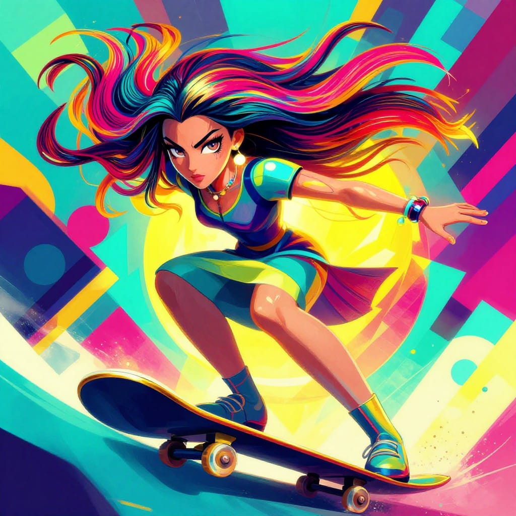 A close-up constructivist illustration of a 25-year-old Emirian woman mid-skate on a halfpipe, her Long Gatsby Waves hair cascading in dynamic, geometric ribbons of vibrant color. Her large, expressive eyes are highlighted with sharp, angular lines that convey intense focus and energy. The composition balances her figure against a background of bold geometric shapes—sharp triangles, overlapping squares, and angular circles—that form a rhythmic pattern around her. The lighting is strong and directional, casting high-contrast highlights on her skin and hair while creating dramatic shadows that define form. The color palette features bold, saturated hues: electric teal, fiery magenta, and golden yellow, with metallic accents for a propaganda art-inspired intensity. The entire illustration radiates dynamic motion and collective purpose, capturing the triumph of modernity through precise, stylized geometry and vivid color.