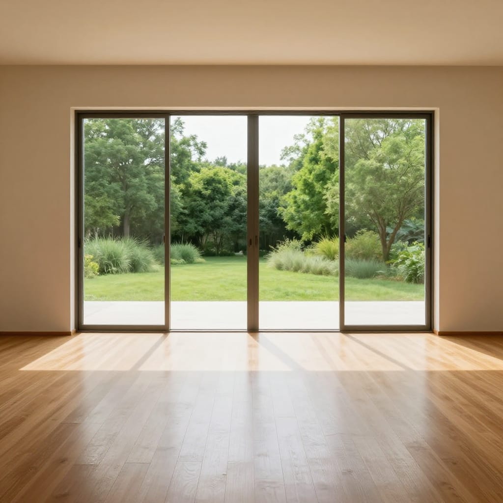 A wide-angle shot captures an empty minimalist room with a large set of sliding glass doors leading to a lush green outdoor space. The scene is composed using the rule of thirds, with the doors positioned along the vertical grid lines and the natural horizon intersecting the horizontal grid lines. Natural daylight streams through the transparent doors, creating soft, even illumination that highlights the polished wooden floor in warm tones and casts gentle shadows within the room. The walls are painted in a pale, neutral shade that enhances the serene atmosphere, while the floor, made of smooth, light-colored wood planks, reflects subtle highlights from the light. The background features rolling green trees and grassy lawns beyond the glass doors, creating a strong visual contrast between the indoor simplicity and the outdoor vitality. The image is symmetrical, with the sliding doors forming a clean, geometric line that anchors the composition and draws the eye across the space. The scene is still, with no motion or distractions, emphasizing a sense of calm and quiet stillness. The overall atmosphere is tranquil and peaceful, evoking a feeling of open space, natural harmony, and minimalist serenity.