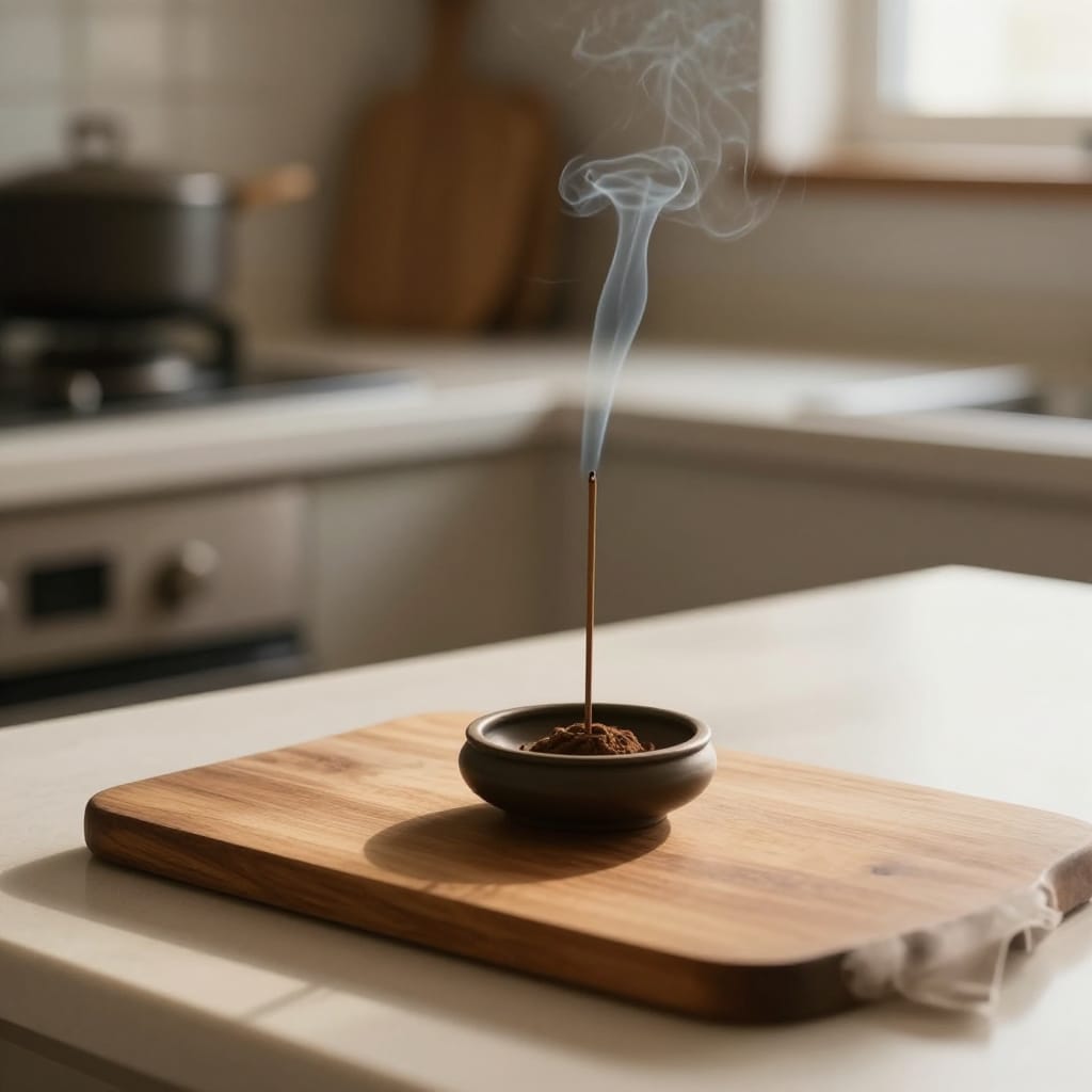 A serene close-up shot of a kitchen countertop captured with a standard lens to emphasize intimate detail. The composition follows the rule of thirds, placing the incense burner slightly off-center to the right, while a wooden cutting board acts as a natural frame that draws the eye toward the subject. The background is softly blurred, revealing a stove, tiled backs splash, and a wooden cutting board and pot, creating depth without distraction. Soft natural light from a window bathes the scene in warm tones, casting gentle highlights on the incense stick’s smoke and enhancing the textures of the wooden surfaces. The atmosphere is peaceful and meditative, underscored by the slow rise of incense smoke that curls upward in delicate tendrils, adding subtle motion to the stillness. The color scheme is neutral, dominated by warm wood tones, soft cream surfaces, and earthy browns, evoking a sense of calm and focus. The overall feeling is relaxed, with the quiet hum of morning or early evening light creating a meditative mood that invites introspection and stillness.
