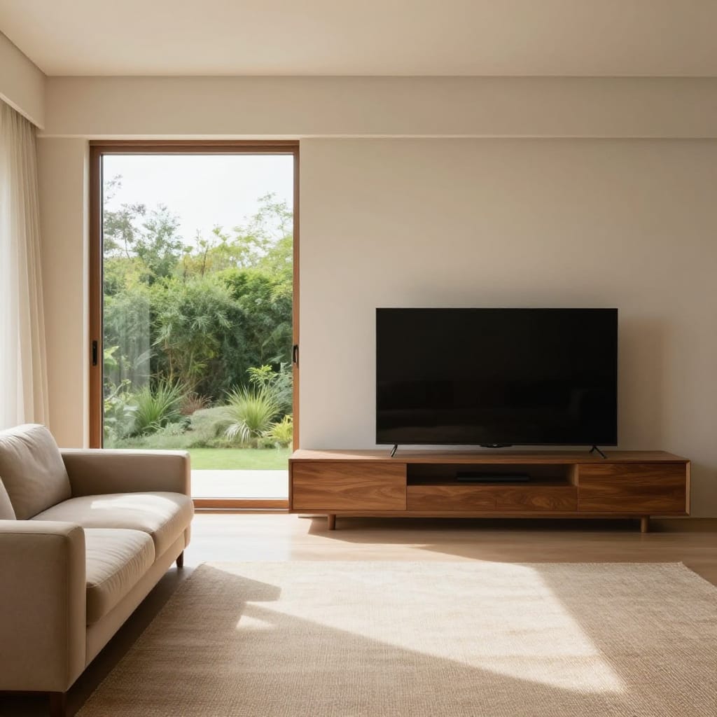 A wide-angle panoramic shot captures a modern minimalist living room bathed in soft natural daylight, framed by the rule of thirds with precise compositional balance. The left third is anchored by a plush beige sofa with deep seams, its smooth fabric catching the light to reveal subtle texture. The midground features a sleek wooden TV stand with a warm mahogany finish, holding a large flat-screen television that reflects a soft glow from the sunlit room. The top third is dominated by a large sliding glass door, its frame in polished wood, which opens to reveal a serene outdoor view of lush greenery under a clear sky. A rectangular rug with a subtle woven pattern rests in the foreground, its texture adding depth to the composition. The lighting is soft and diffused, originating from an unobstructed window that casts gentle shadows across the room, enhancing spatial harmony without creating harsh contrast. The color palette is neutral and harmonious: warm beige walls, rich mahogany tones of the furniture, and the fresh green of the garden outside. The scene is still, with no movement or clutter, emphasizing a tranquil and idealized tranquility. The wide-angle lens captures the expansive space with minimal distortion, preserving depth and inviting the viewer to explore the balanced composition of this peaceful interior, where every element contributes to a sense of calm, order, and quiet beauty.