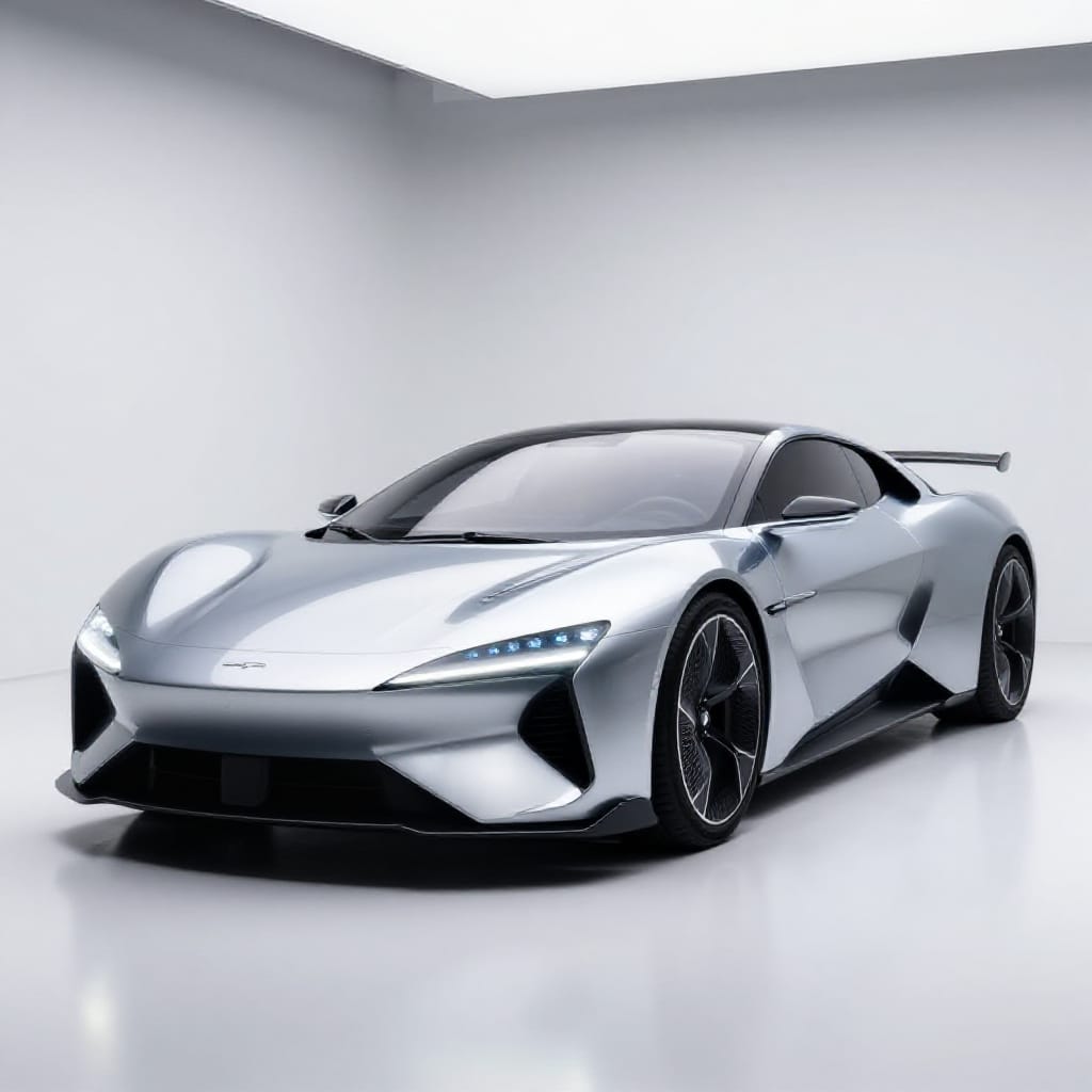 A sleek, futuristic silver car dominates a mid-shot composition in a pristine studio environment. The vehicle's aerodynamic design features sharp angular lines, a low-slung profile, and a sporty silhouette defined by its glowing headlights and integrated digital displays. Its highly reflective surface catches the bright, even studio lighting, creating vibrant highlights that accentuate every contour of its polished bodywork. The car is positioned at a slight angle to the camera, framing its streamlined form against a plain, light-colored studio wall that ensures minimal distraction. A standard lens captures the scene with crisp clarity, emphasizing the car's intricate details and smooth curves. The neutral color scheme of silver and matte black contrasts with subtle metallic sheen, enhancing its modern, technological allure. The clinical atmosphere is defined by controlled lighting and minimal environmental noise, reinforcing a sense of precision and innovation. The still motion in the scene emphasizes the car's perfect stillness, while the focused composition and balanced lighting convey a sense of confidence and cutting-edge design. The image evokes an impression of modernity, cutting-edge technology, and sleek engineering.