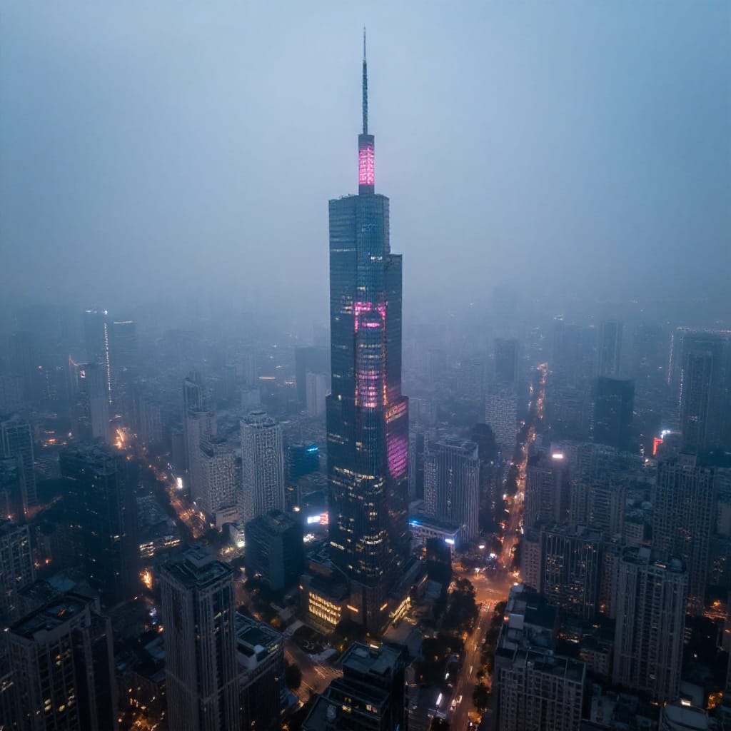 A wide-angle aerial view captures a dense urban landscape dominated by a towering modern skyscraper piercing through a thick layer of fog. The skyscraper, illuminated with vibrant blue and pink lights, stands out prominently against the surrounding buildings. The fog creates a moody atmosphere, obscuring much of the background and giving the scene a mysterious and ethereal quality. The cityscape is filled with numerous high-rise buildings, all densely packed and reaching up into the misty sky. The lighting suggests it is either early evening or late afternoon, with the artificial lights of the buildings and streetlights beginning to glow. The overall scene conveys a sense of bustling urban life, enhanced by the fog that adds a layer of intrigue and ambiguity to the environment. The composition follows a vertical emphasis, with the skyscraper serving as the central focus, drawing the viewer's eye upwards through the dense fog. The rule of thirds is applied, with the skyscraper positioned slightly off-center to the right, creating a balanced yet dynamic scene. The lens type is wide-angle, capturing the full scale and depth of the fog-drenched city. The lighting is a mix of artificial and natural sources, creating a moody and atmospheric effect that enhances the ethereal quality of the scene. The fog adds depth and a sense of mystery, while the glowing lights of the skyscraper and surrounding buildings create a surreal and otherworldly ambiance. The scene details include numerous high-rise buildings, a dense fog layer, glowing lights from the buildings and streetlights, and a sense of urban density and height. The overall feeling is mysterious and enigmatic, evoking a sense of awe and curiosity about the city hidden in fog.