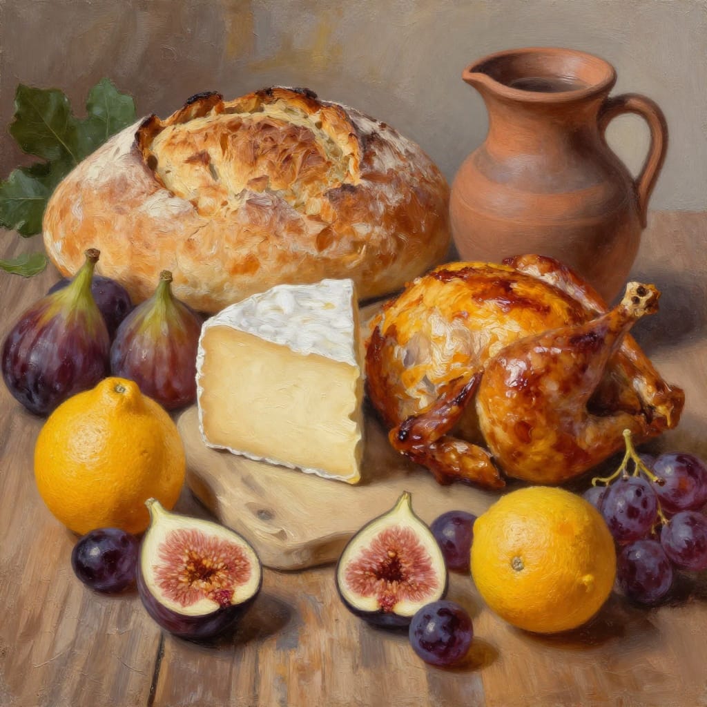 A meticulously detailed still life painting on oil canvas, featuring an assortment of food items arranged with symmetrical balance across the frame. The subject includes fresh bread with a golden-brown, crackling crust and crumbly texture, creamy cheese with subtle ripples and a smooth, slightly glossy surface, citrus fruits with vivid yellow skin showing natural imperfections, plump grapes with deep purple juice cores, soft figs with velvety skin, a roasted chicken with crisp, golden-brown skin and juicy, tender meat, and a clay pitcher holding clear water. These objects are placed on a wooden table surface, bathed in naturalistic, soft light that highlights their textures and colors through gentle shadows. The painting exhibits fine, detailed brushwork with realistic textures—crumbly bread, smooth cheese, juicy fruit pulp, and the grainy skin of the chicken. The earth tone palette features muted yellows from the citrus, warm browns from the bread and wood, deep greens from the leaves on the figs, and a soft purple hue from the grapes, creating a harmonious, inviting atmosphere. The composition is balanced and structured, with soft shadows enhancing depth and volume across the objects. The overall feeling is calm, warm, and comforting, evoking a sense of abundance and quiet contentment through its lifelike realism and rich detail.