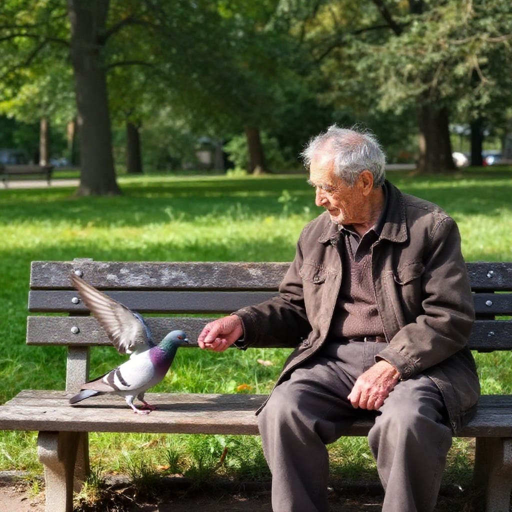 An elderly man in his late 70s or 80s, with weathered gray hair and a calm, relaxed demeanor, sits on a weathered park bench. He is dressed in a worn, dark brown jacket and matching pants, suggesting a simple, lived-in lifestyle. A single pigeon perches on the bench, its gray and pink plumage catching the light as it appears mid-air in a dynamic motion, ready to receive food from the man's hand. The scene is composed using the rule of thirds, with the man and pigeon positioned in the lower third of the frame, drawing the eye toward the bench and the quiet interaction. Natural daylight illuminates the scene from above, casting soft shadows that enhance the textures of the man’s weathered skin, the fabric of his jacket, and the delicate feathers of the pigeon. The atmosphere is peaceful and serene, with a lush green park backdrop featuring tall trees and grassy lawns. The composition is balanced, with the bench serving as a central focus, while the distant trees provide context and depth. The standard lens captures the scene with realistic clarity, emphasizing the quiet harmony between man, bird, and nature. The color palette is natural and muted, with earthy browns and greens creating a soothing contrast against the soft gray tones of the man’s attire and the pigeon’s feathers. The overall feeling is calm and everyday, capturing a fleeting moment of connection in a public space that feels both timeless and quietly alive.