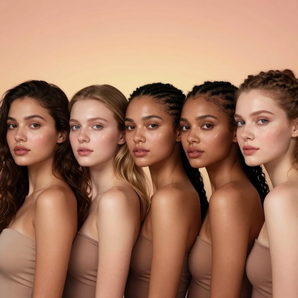 A digitally illustrated portrait of five diverse women standing closely together in a studio setting, captured from a close-up perspective that emphasizes their proximity and shared presence. The subjects are bare-shouldered, wearing elegant, low-cut tops that accentuate their shoulders and backs, with skin tones ranging from warm caramel to soft ivory. Their hair varies in length and color—dark brown, blonde, and a mix of textured braids—each styled with intentional care to highlight individuality. The background is a smooth, warm-toned gradient transitioning from soft peach at the top to golden amber at bottom, creating a harmonious neutral palette that draws focus to the subjects. The lighting is soft and even, simulated by studio-grade artificial light that eliminates harsh shadows and highlights the smooth texture of their skin, the subtle sheen of sweat on their foreheads, and the fine strands of hair catching the light. The composition follows the rule of thirds, with the women evenly distributed across the frame, their bodies aligned horizontally to create a sense of balance and unity. The camera position is direct and intimate, capturing the moment with a shallow depth of field that blurs the background slightly while keeping the subjects in sharp focus. The lens used is likely a standard wide-angle or medium telephoto, providing natural perspective and minimizing distortion. The scene is still and silent, with no motion present, enhancing the serene atmosphere. The overall feeling is one of relaxed confidence and mutual support, radiating empowerment through their diverse beauty. The image is stylized, with idealized features that transcend realistic representation, emphasizing harmony, diversity, and the timeless appeal of feminine grace.