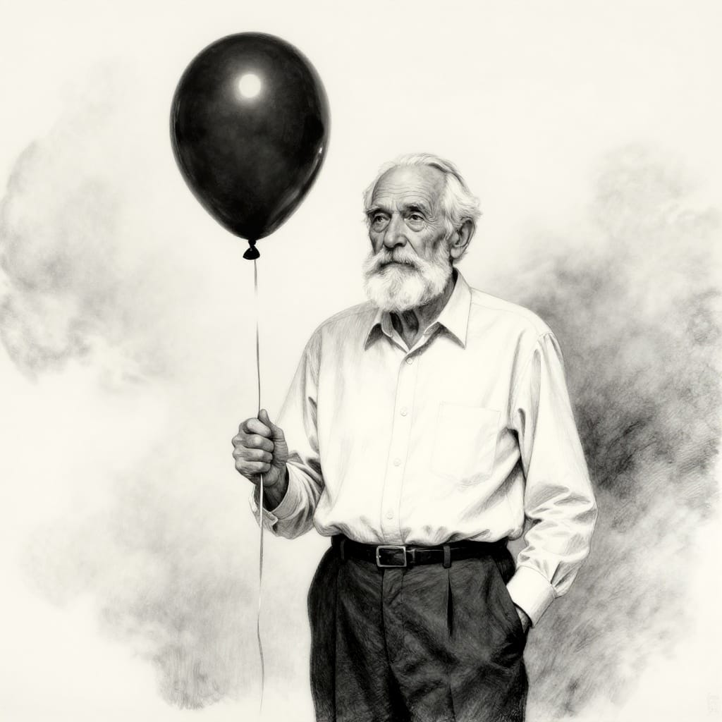 An elderly man with a full white beard and neatly trimmed mustache stands centrally, holding a large, glossy black balloon in his right hand. He wears a crisp button-up shirt and dark trousers, his left hand resting in his pocket, conveying a calm and composed presence. The background features a soft gradient of light and shadow, evoking a hazy sky or rising smoke that balances the scene to the left, creating atmospheric depth. Rendered in ink or charcoal on paper, the artwork blends realistic detail with subtle surrealism. The black balloon reflects the light with a smooth, luminous quality, while the subject’s features are defined by fine lines and shading that capture texture and depth. The composition is balanced and deliberate, with the man’s relaxed posture and the balloon’s gentle curve anchoring the frame. Soft, even lighting from the left side of the image creates gentle highlights on his face and the balloon’s surface, while subtle shadows add dimension without harshness. The monochromatic palette of black, white, and gray enhances contrast and emotional resonance. The overall feeling is one of quiet introspection and quiet melancholy, with the man’s age and the solitary balloon evoking a sense of nostalgia and reflective stillness.
