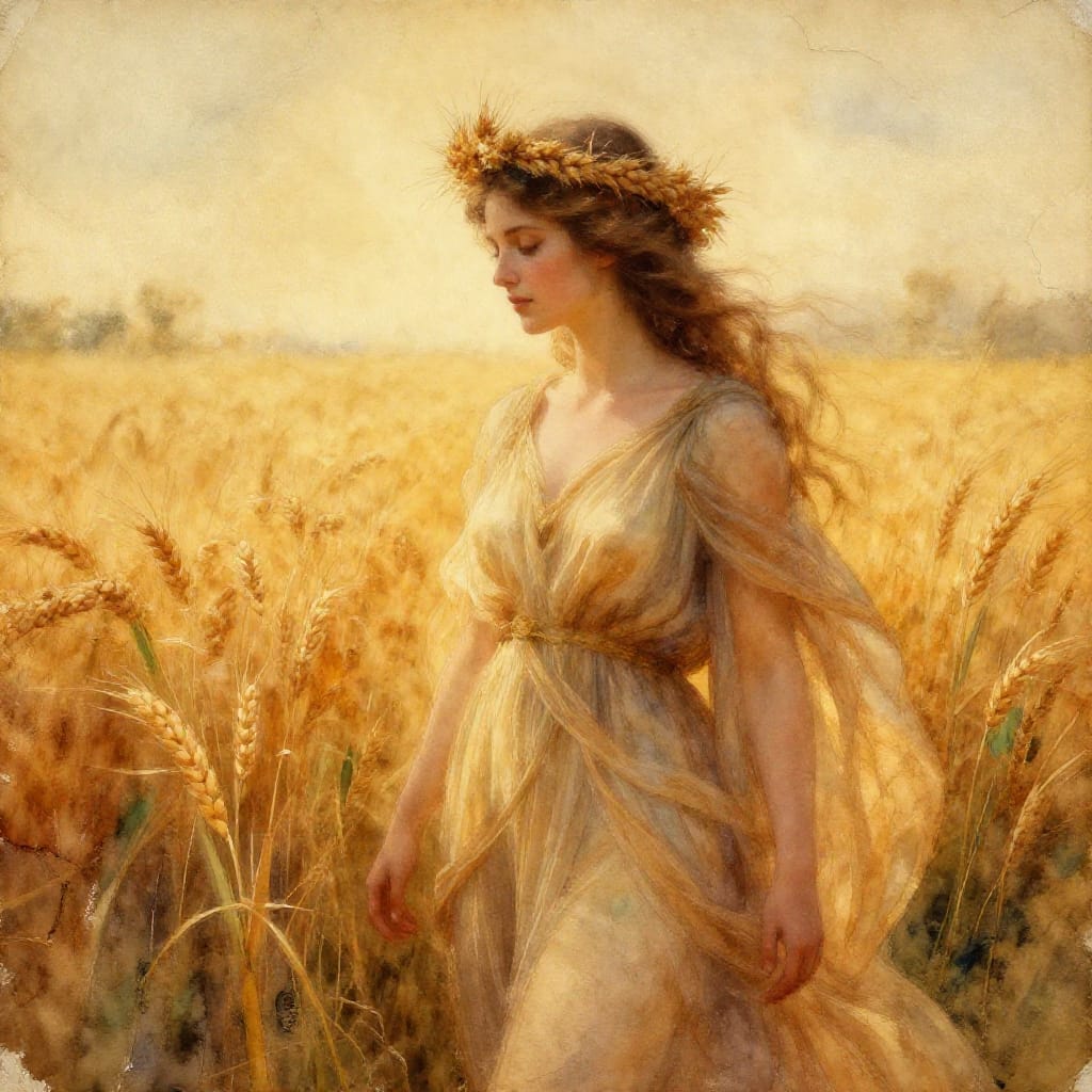 Demeter: Goddess of the harvest, agriculture, and fertility, rendered in a painterly watercolor on aged paper. The composition centers her as a serene figure with flowing robes and a crown of wheat, her gaze gentle and contemplative, set against a vast field of golden wheat under a soft, golden sky. Delicate washes of warm ochre, deep amber, and muted emerald create a luminous, organic texture, while subtle cross-hatching adds depth to the paper's surface. The lighting is diffused and warm, casting gentle highlights on her hair and the rippling folds of her garment, evoking a sense of quiet abundance. The aged paper exhibits fine cracks and a slightly translucent quality, enhancing the tactile realism of the scene. The overall atmosphere is serene, meditative, and deeply connected to the cycles of nature, embodying the timeless bond between earth and life.