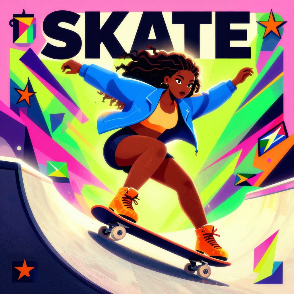 Over-the-Shoulder Shot Constructivist Style Illustration: A 25-year-old Guyanese woman with long Gatsby waves of curly hair and striking oval eyes skates mid-air on a halfpipe, her body angled diagonally across the frame. The scene is rendered in bold geometric shapes—sharp triangles, bold rectangles, and angular forms—that intersect dynamically to create a sense of movement and energy. The illustration uses a digital illustration medium with vector precision, featuring a matte texture that enhances the tactile quality of the artwork. Bright, high-contrast lighting from above casts strong highlights on her hair and skates, while deep shadows define the halfpipe’s curves. The color palette is vibrant and symbolic: electric blue accents on her jacket contrast with fiery orange skates, and the background pulses with geometric neon pinks and greens. The composition is tightly framed, with the woman’s figure dominating the center, her expression one of focused triumph. The propaganda art style amplifies the subject’s significance through bold typography (‘SKATE’ in large bold letters at the top), stylized icons of flags or stars in the corners, and a rhythmic repetition of forms that evoke collective energy. The overall feeling is one of dynamic celebration, where form, color, and motion converge to honor movement and identity in a stylized, powerful visual narrative.