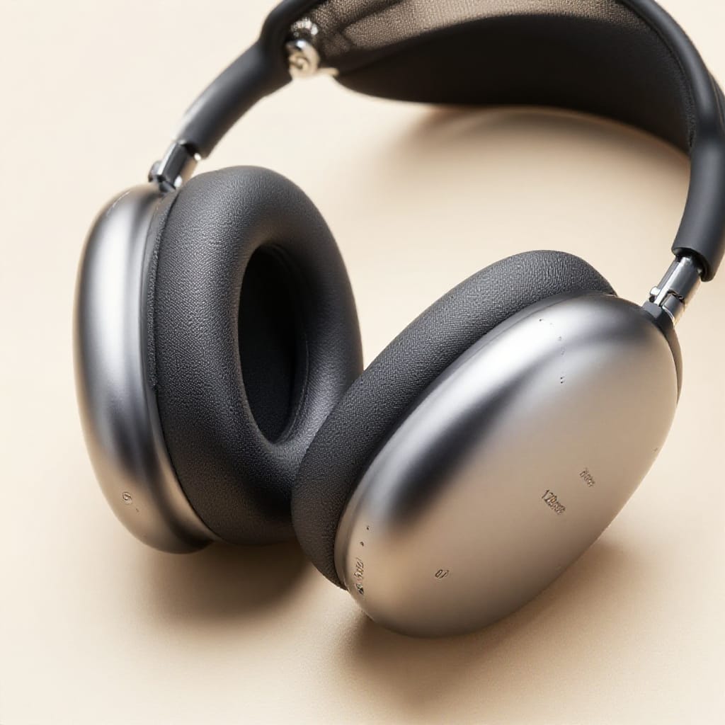 A close-up macro shot of a pair of professional over-ear headphones resting on a flat surface. The headphones feature a sleek, metallic finish on the large ear cups, which are made of a leather-like material for comfort. The black padded headband is adjustable, with a visible screw mechanism for fine tuning. The image includes precise measurements: 45mm, 60mm, and 120mm, marked on the sides of the headphones, indicating a technical or schematic representation. The lighting is even and soft, diffused from an ambient source, casting subtle shadows beneath the ears and emphasizing the three-dimensional form. The background is a plain, light beige surface, providing a neutral backdrop that enhances the focus on the headphones. The composition is tight, with the headphones occupying most of the frame and a slight tilt to the left for visual balance. The macro lens captures fine surface textures and precise measurements with clarity. The atmosphere is clinical and precise, reflecting a focus on detail and technical accuracy. The overall feeling is professional and technical, embodying the precision of the product's design.