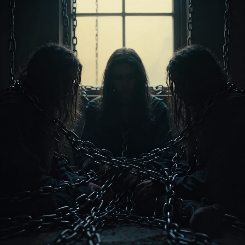 A close-up shot of three individuals entangled in intricate chains, their dark, drab clothing contrasting with the lighter, open spaces of a window in the background. The scene is set indoors, bathed in low, moody lighting that originates from a single source through the window, casting dramatic shadows across the subjects and enhancing the sense of confinement. The composition centers the three figures and the chains, with the window serving as a framing element that draws the eye toward the light and contrast. The chains are prominently detailed—metallic links catching subtle highlights in the dimness—while their textures and links are sharply rendered to emphasize their physicality. The individuals' faces are partially obscured by shadow, adding to the tense atmosphere. The lens appears to be a normal or slightly wide-angle, capturing both the intimate details of the chains and the subjects’ expressions without distortion. The scene is still, frozen in time, with no movement, heightening the sense of entrapment. The color palette is dominated by deep shadows and muted grays, punctuated by a faint golden glow from the window that contrasts with the darkness. The atmosphere is thick with tension, foreboding, and a quiet dread of being watched or held. The overall feeling is one of profound confinement, with a somber and oppressive mood permeating every element of the scene.