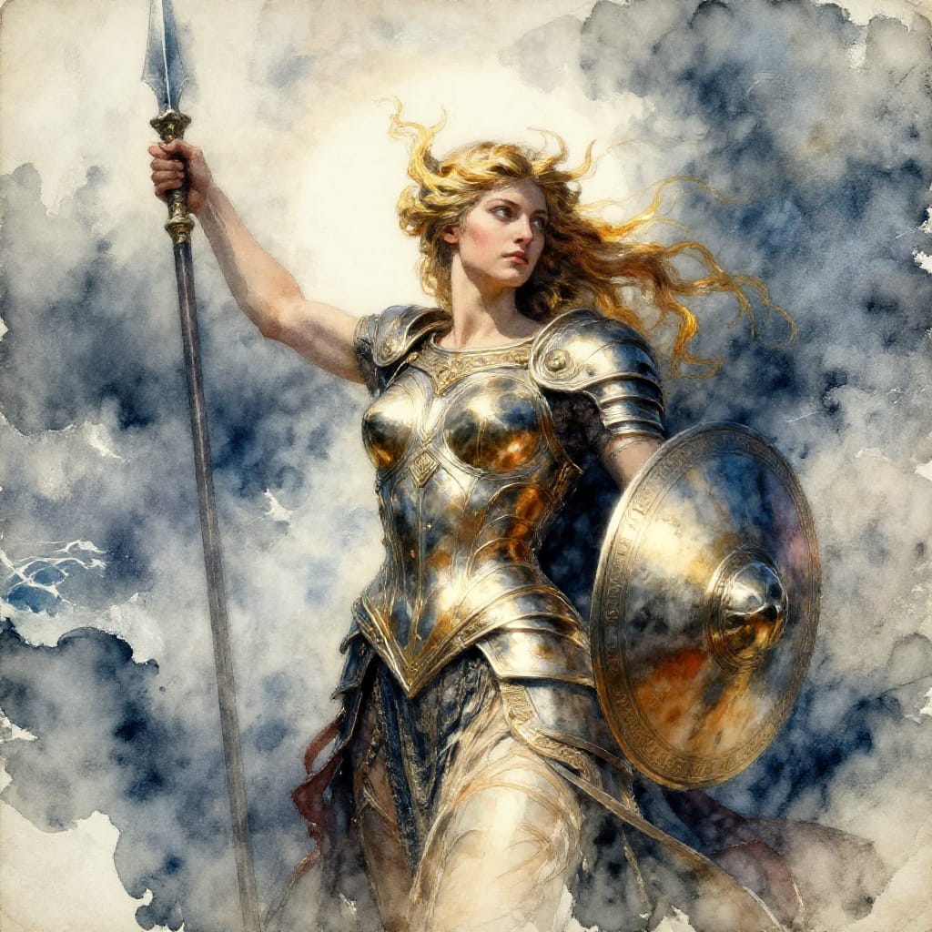 Athena: Goddess of wisdom, warfare, and handicrafts, depicted in a dynamic pose of prepared combat. Rendered in watercolor on aged parchment with a textured surface that enhances depth and authenticity. The composition centers her regal figure, her bronze armor gleaming under a directional light source from a high angle, casting sharp shadows that define her form and weapon—her spear raised with precision. Her flowing hair is streaked with golden highlights, catching the light as if imbued with divine energy. The background dissolves into a turbulent sea and stormy sky, symbolizing the chaos she commands. The watercolor technique employs delicate washes of cool blues, grays, and warm ochres to create a luminous yet translucent effect, with subtle gradations that evoke both fragility and strength. The brushwork is expressive and fluid, with soft, flowing lines defining her figure and armor, while fine details like the texture of her shield and the weave of her robe are rendered with tactile precision. The overall feeling is one of triumphant elegance—her presence radiates wisdom, power, and an unyielding spirit ready to lead her people into battle.