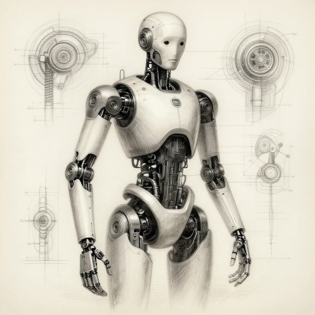 Concept art for a scientifically precise robotic companion rendered in pencil and ink on aged paper. The artwork features intricate linework with subtle cross-hatching for texture, emphasizing mechanical joints, metallic surfaces, and synthetic skin. A central robot stands with a balanced composition: its humanoid form, articulated limbs, and expressive head dominate the frame. Frontal lighting creates soft shadows that define form, while precise measurements are annotated in the margins to illustrate limb proportions and gear placement. The color palette is monochromatic, relying on ink depth and pencil shading to convey contrast. The overall feeling is one of clinical elegance and functional beauty, blending technological precision with expressive design through detailed linework and thoughtful composition.