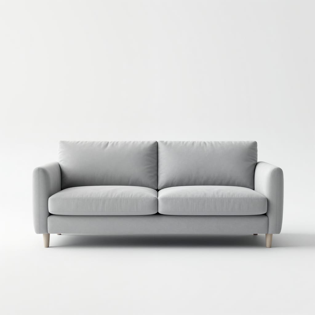 A minimalist sofa occupies the mid-shot frame in a perfectly balanced composition centered on the rule of thirds. The subject is a sleek, two-seater sofa with two large cushioned seats and two curved armrests, upholstered in a soft, light gray fabric that exudes quiet sophistication. Four small, round wooden legs support its clean, geometric design, emphasizing its minimalist aesthetic. The background is a pure, unadorned white plane, creating a stark contrast that isolates the sofa as the sole focal point. The lighting is even and bright, characteristic of a studio setup, casting subtle highlights across the fabric’s texture and revealing the smooth, linear contours of the frame. The atmosphere is calm and serene, evoking a sense of peaceful stillness typical of modern interior design. The image is rendered with a standard lens that captures true proportions without distortion, enhancing the clarity and simplicity of the scene. No motion is present; the sofa remains still, its form unchanging. The color scheme is neutral, composed of soft gray and pristine white, contributing to a relaxed, uncluttered feeling. The image is highly stylized, with a focus on clean lines and minimalism that gives it an almost surreal or digital quality, making it feel both contemporary and timeless.
